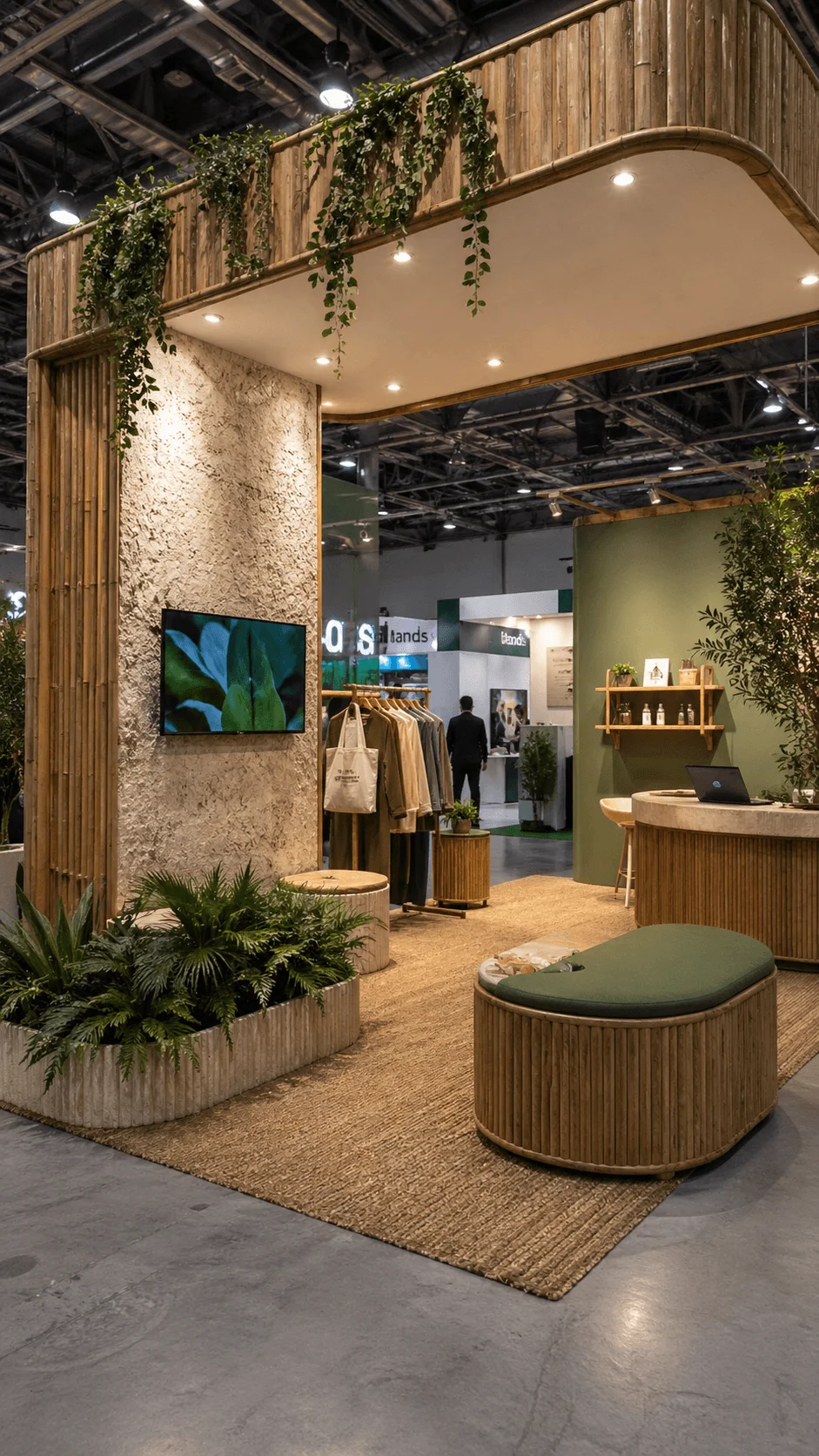 Eco friendly trade show booth with bamboo structure natural textures indoor plants and seating area with clothing display and reception desk