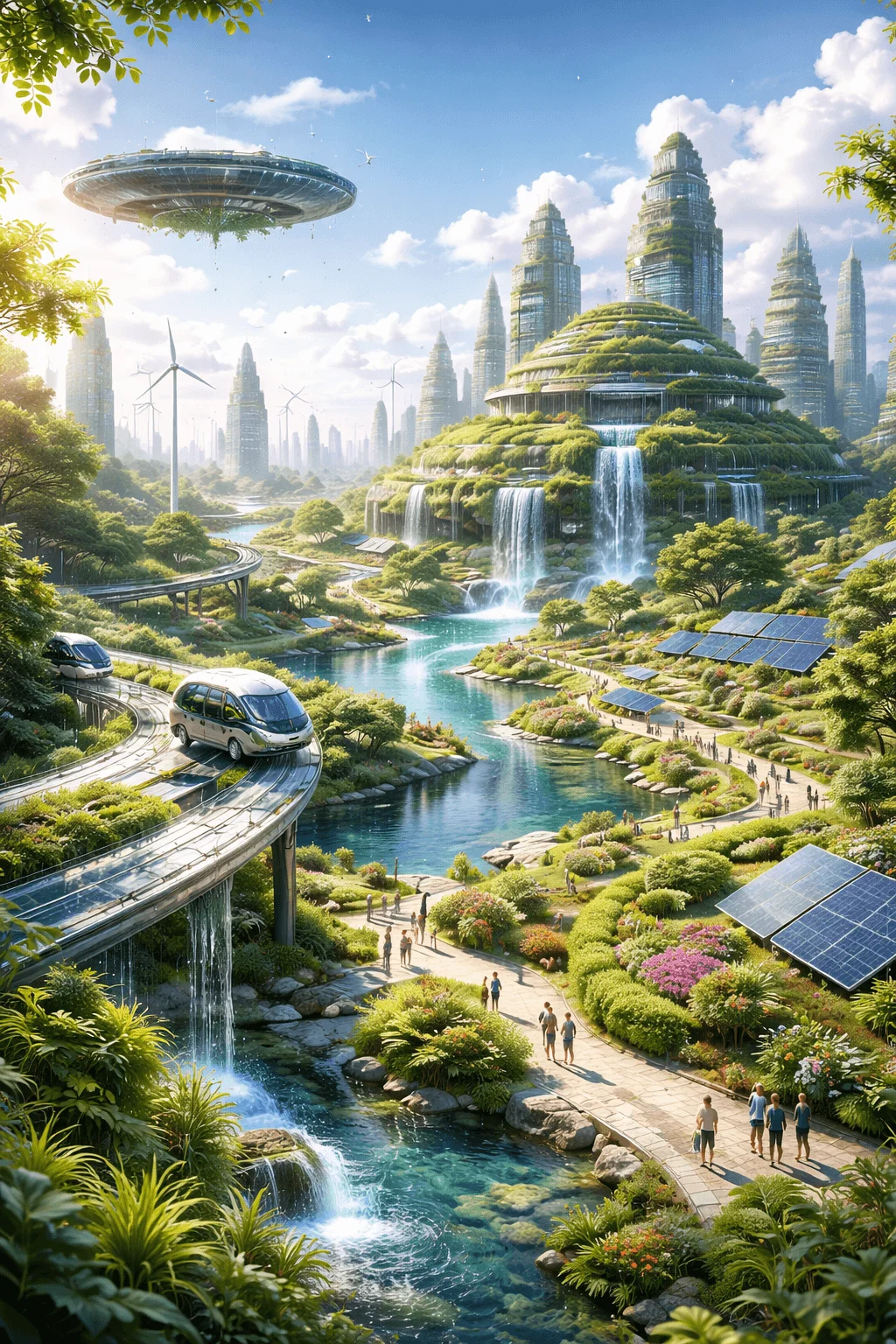 Futuristic eco friendly city with lush greenery waterfalls solar panels wind turbines elevated transport and people walking along scenic paths in a clean sustainable environment