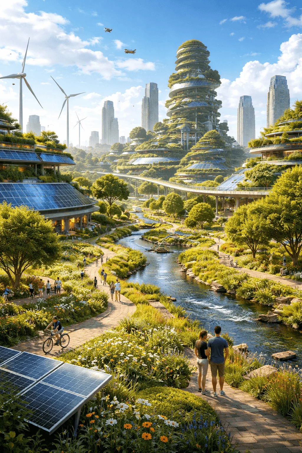 Eco futuristic cityscape illustration featuring a lush green urban environment with solar panels wind turbines vertical garden buildings and a flowing river where people walk cycle and relax in harmony with nature under a bright blue sky