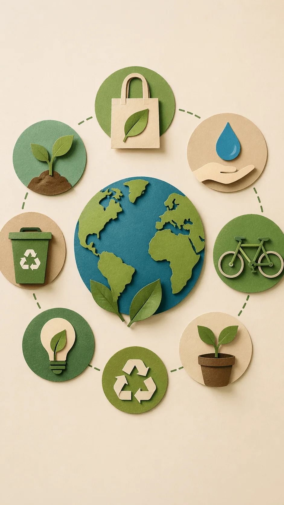 Paper cut style illustration of earth surrounded by eco friendly icons including recycling plant water conservation reusable bag bicycle light bulb and waste bin representing sustainable habits