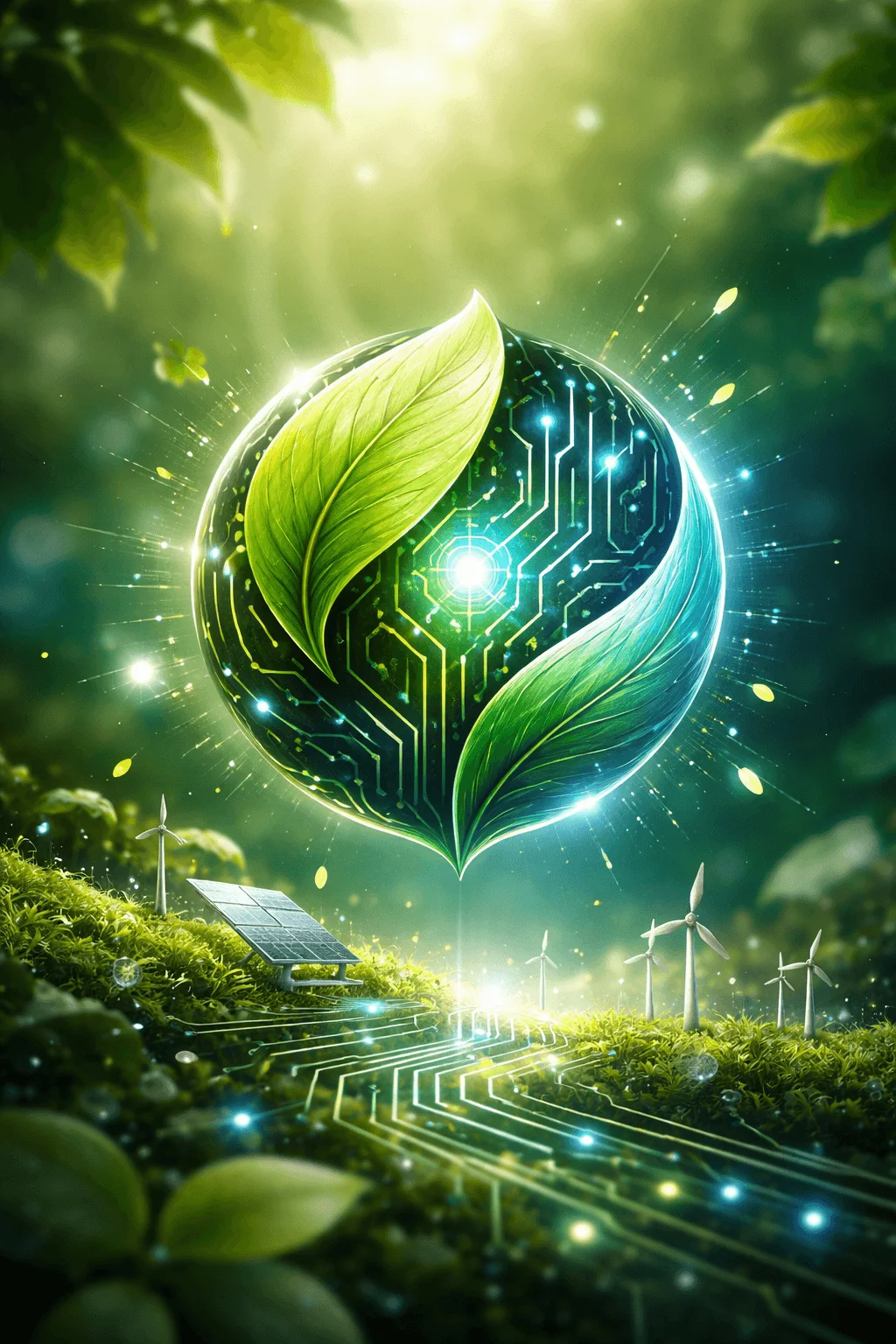 Futuristic eco tech logo featuring a glowing leaf integrated with digital circuit patterns surrounded by a lush green landscape with solar panels wind turbines and soft sunlight representing sustainable innovation
