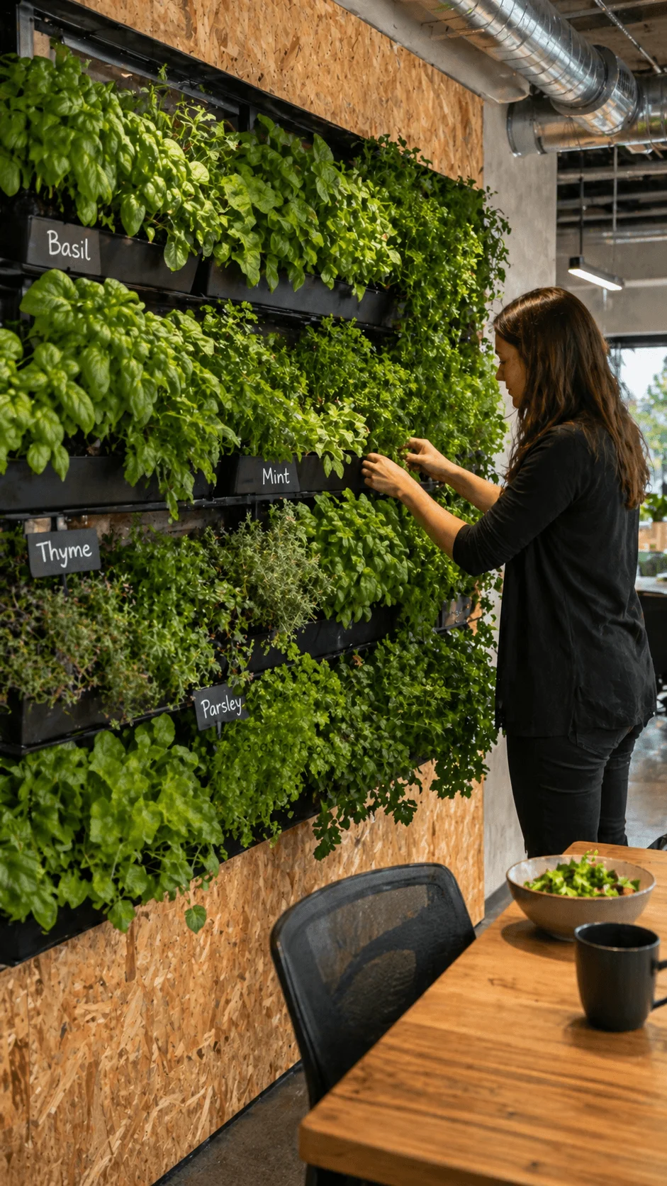 Modern office interior with vertical herb garden wall featuring basil mint thyme and parsley woman harvesting fresh greens indoor sustainable workspace design