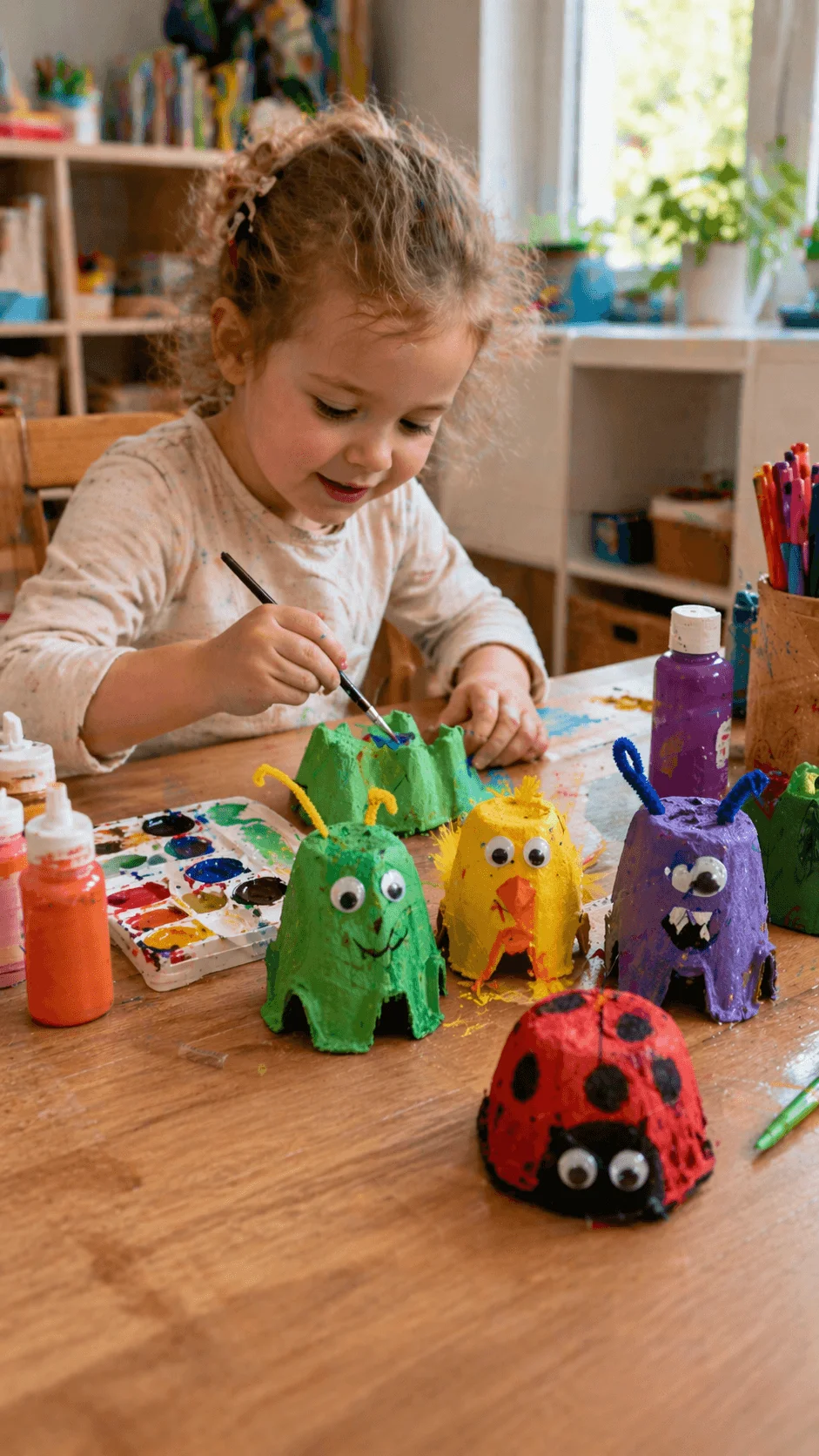 Toddler painting colorful egg carton creatures with googly eyes and craft supplies on a table