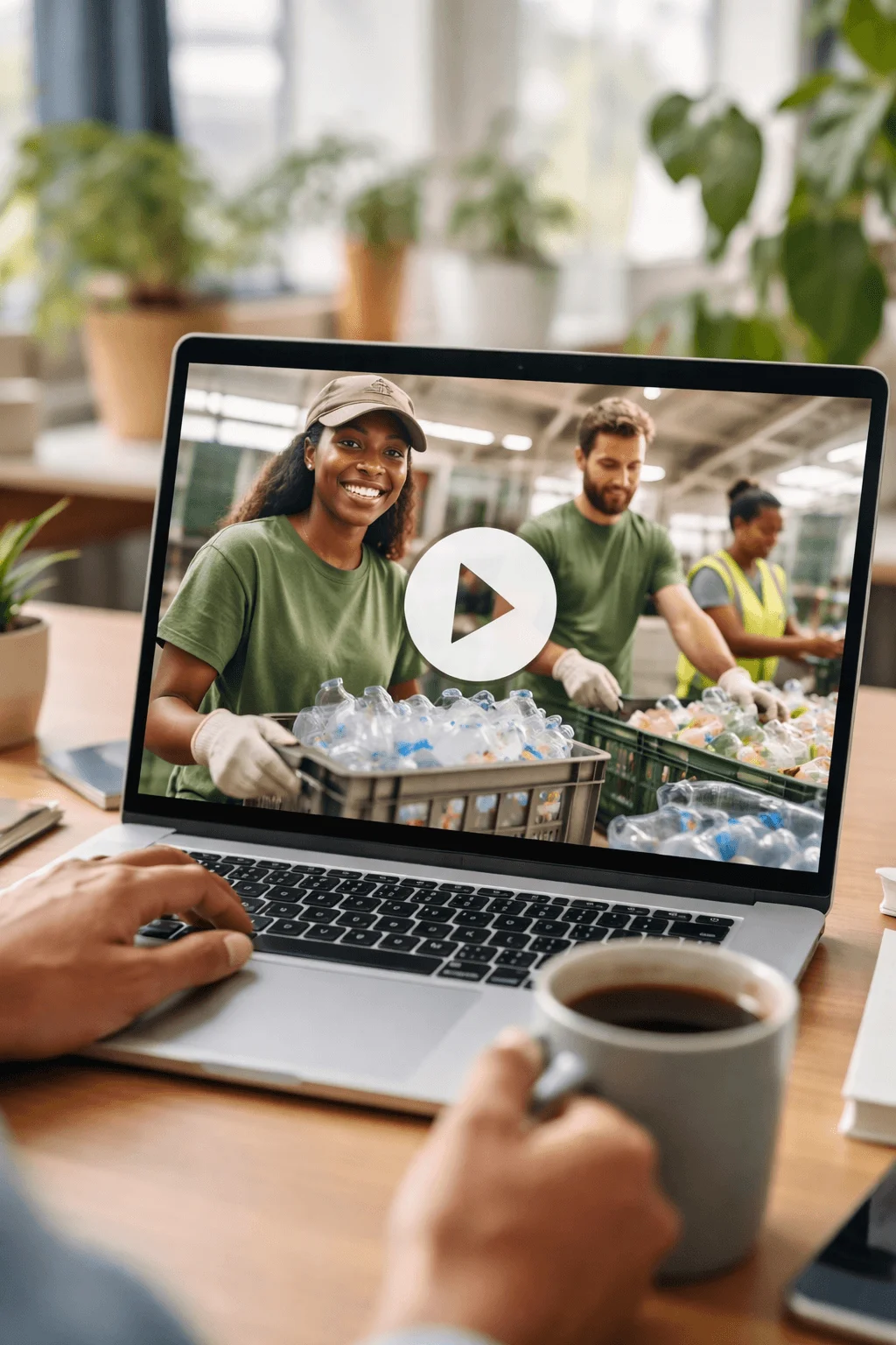 Laptop displaying video content of volunteers sorting recyclable materials with a play button overlay in a cozy workspace setting