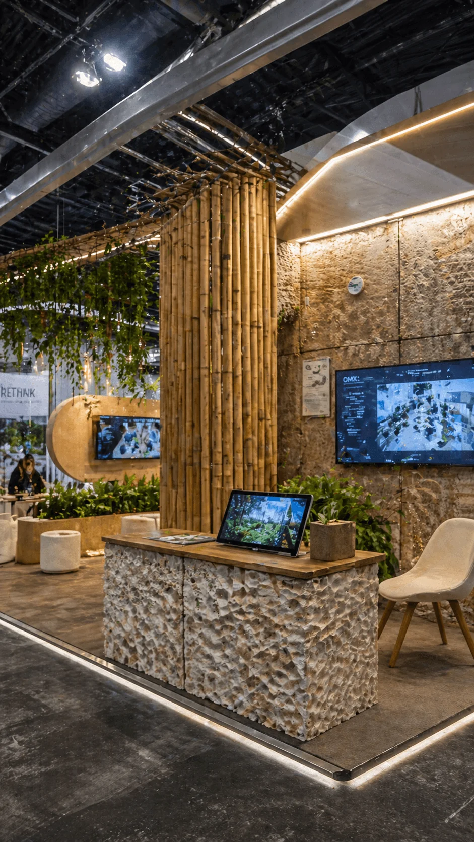 Sustainable exhibition booth made with bamboo and textured eco materials featuring digital screens plants and modern seating in a trade show setting
