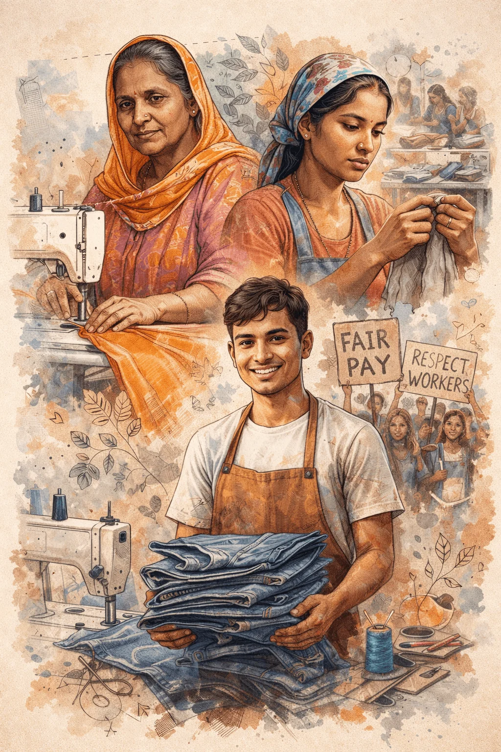 Illustrated poster highlighting garment workers with scenes of sewing and fabric work featuring diverse individuals including a young man holding folded clothes and messages advocating fair pay and respect for workers