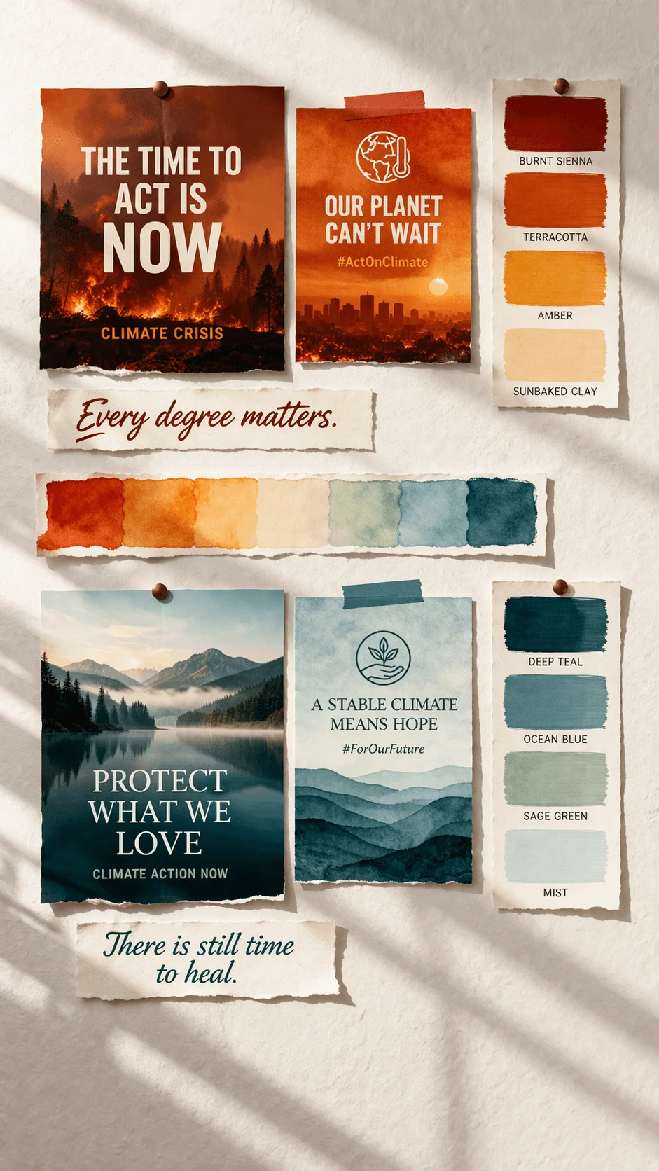 A climate awareness mood board showing contrasting warm and cool color palettes with posters about climate crisis and hope pinned on a wall alongside paint swatches ranging from burnt orange and amber to teal and sage green conveying emotional storytelling through color