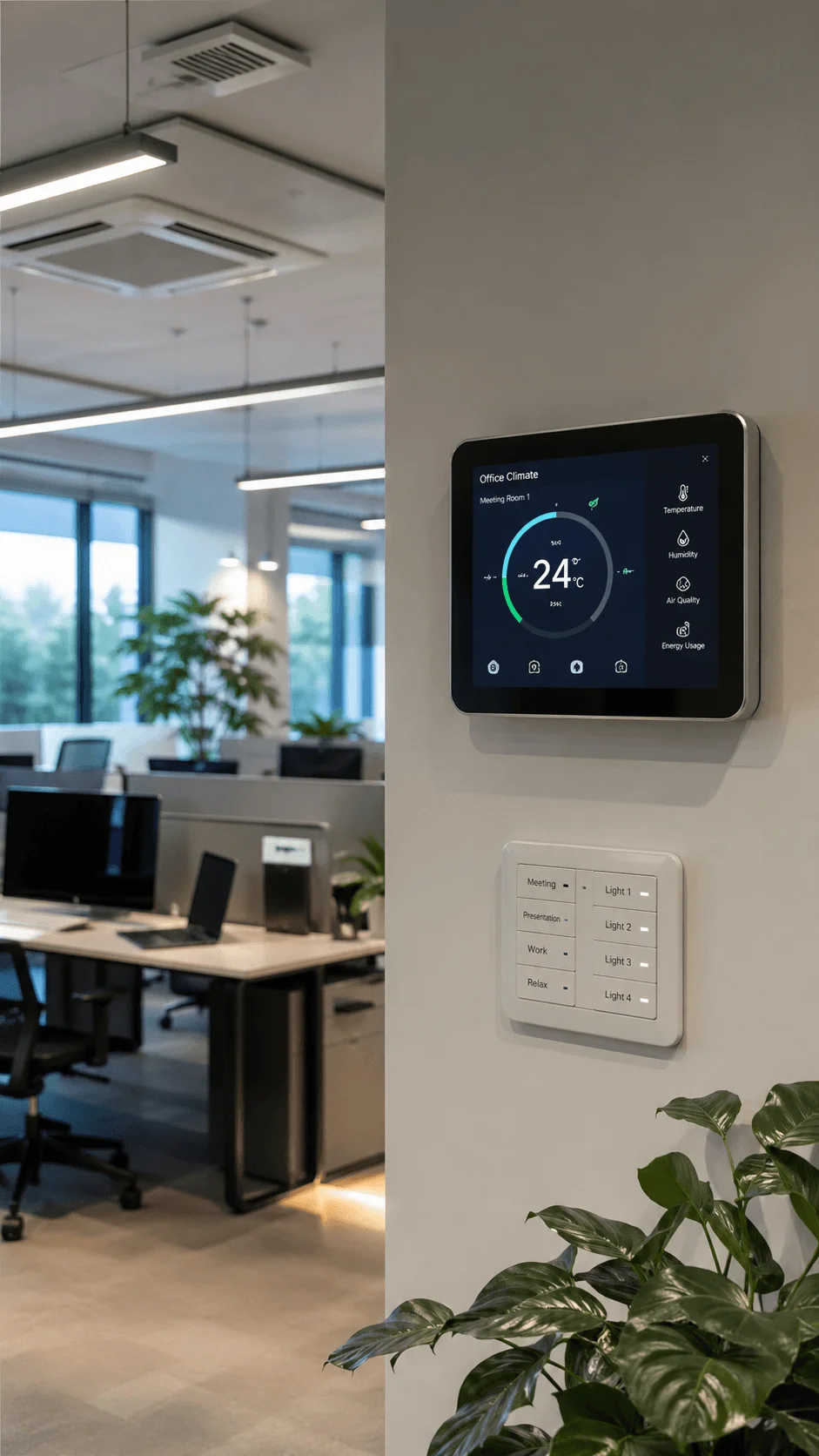 Smart office interior with energy efficient climate control system digital thermostat interface modern workspace and indoor plants