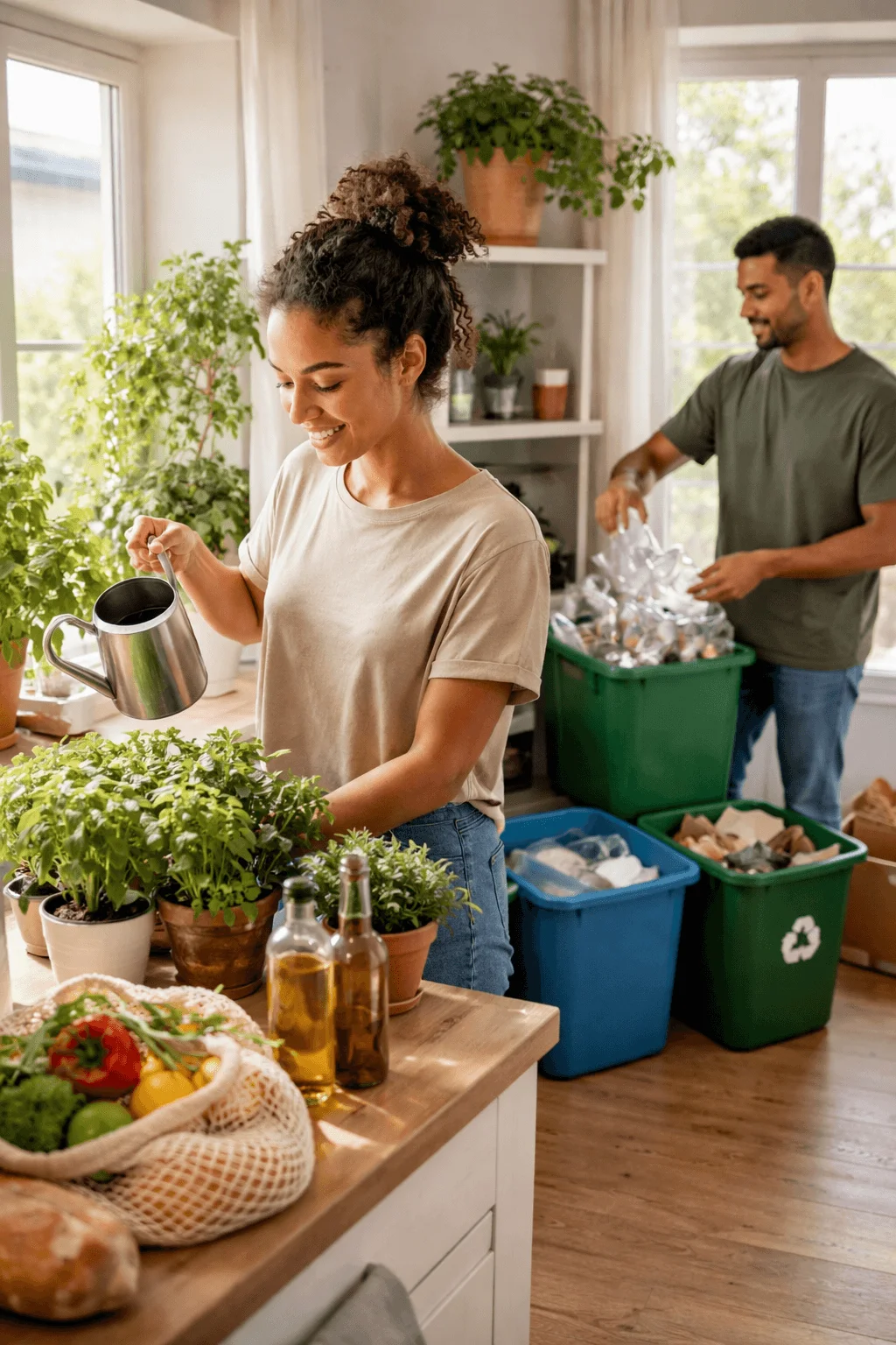 Couple practicing sustainable living at home with one person watering indoor plants while another sorts recyclables into bins in a bright kitchen filled with greenery