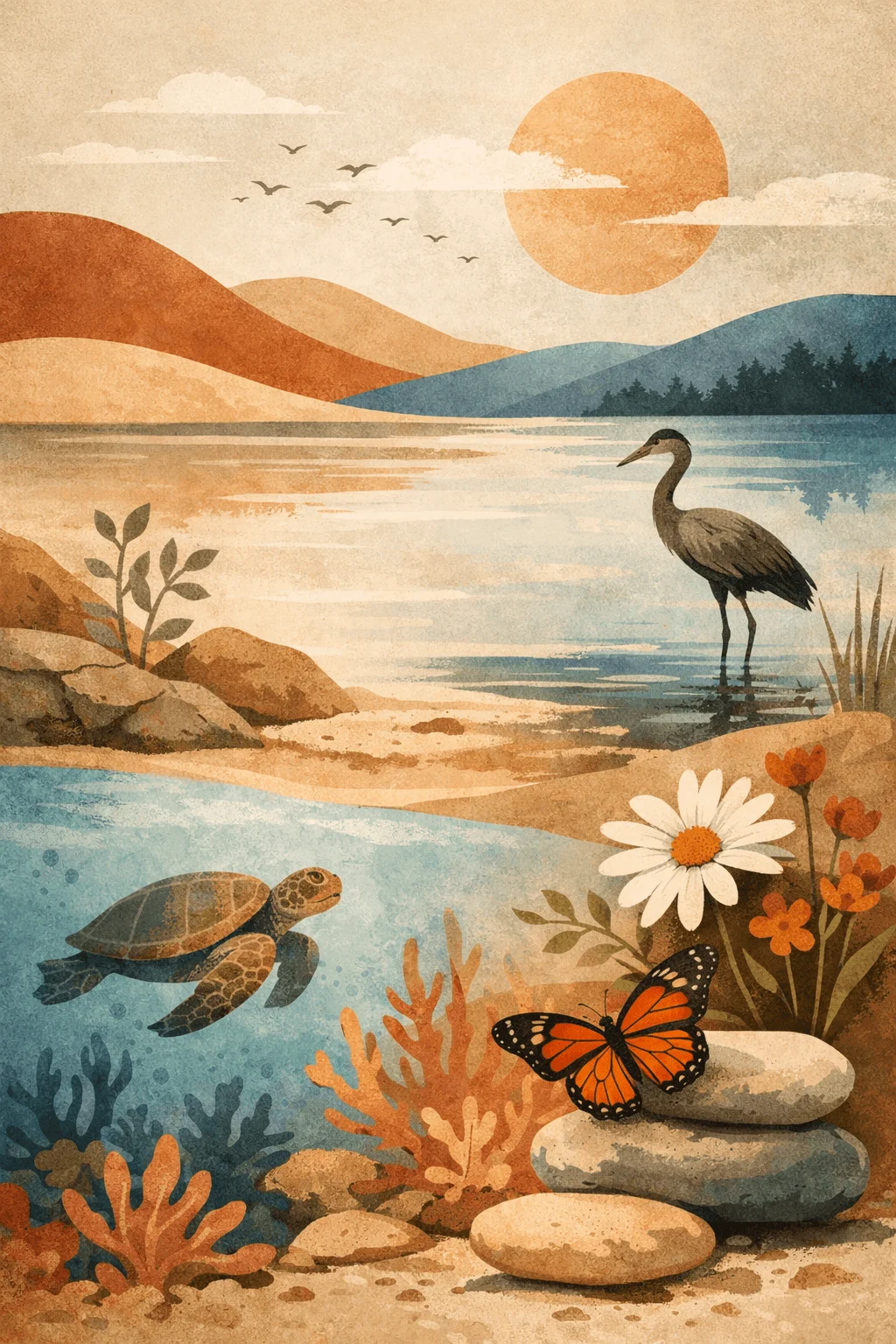 Vintage style nature illustration showing a lakeside scene with mountains sun and birds a heron standing in water a turtle swimming underwater and flowers with a butterfly on stones in warm earthy tones