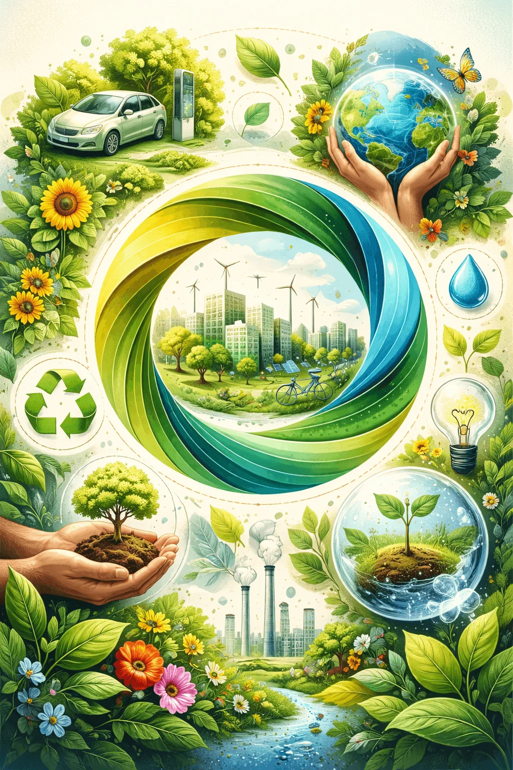 Vibrant sustainability illustration with a circular green loop surrounding a modern eco city with wind turbines and trees accompanied by icons of recycling water energy electric car and nature elements in a colorful detailed composition