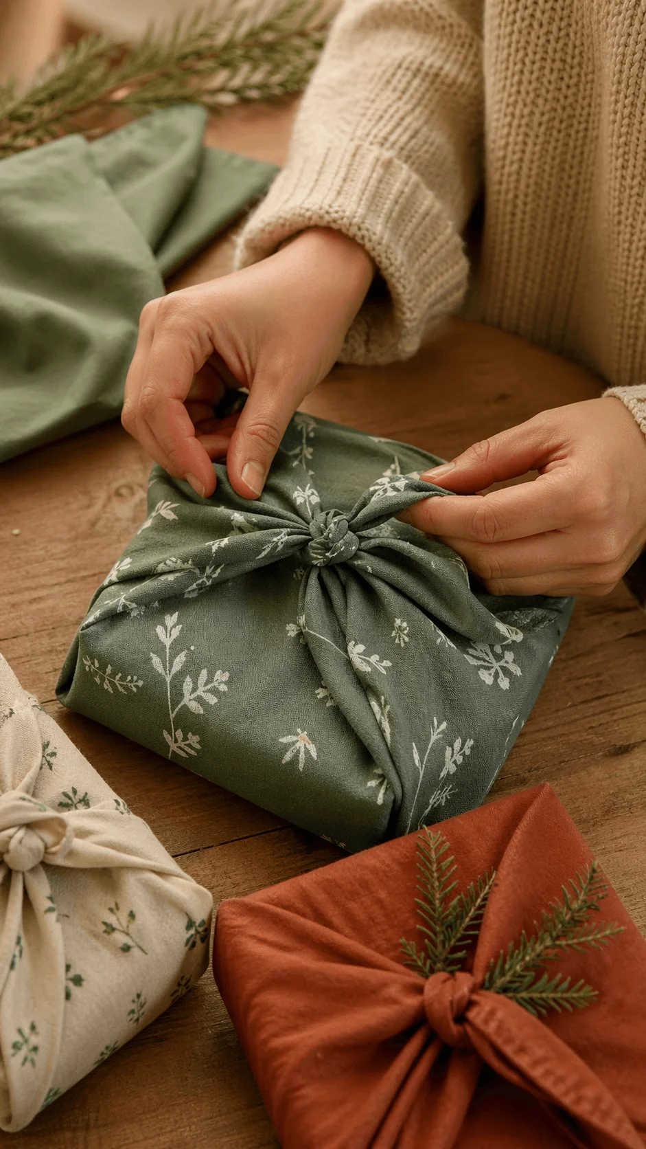 Hands wrapping a gift using reusable fabric with a knot on top surrounded by other wrapped packages on a wooden table