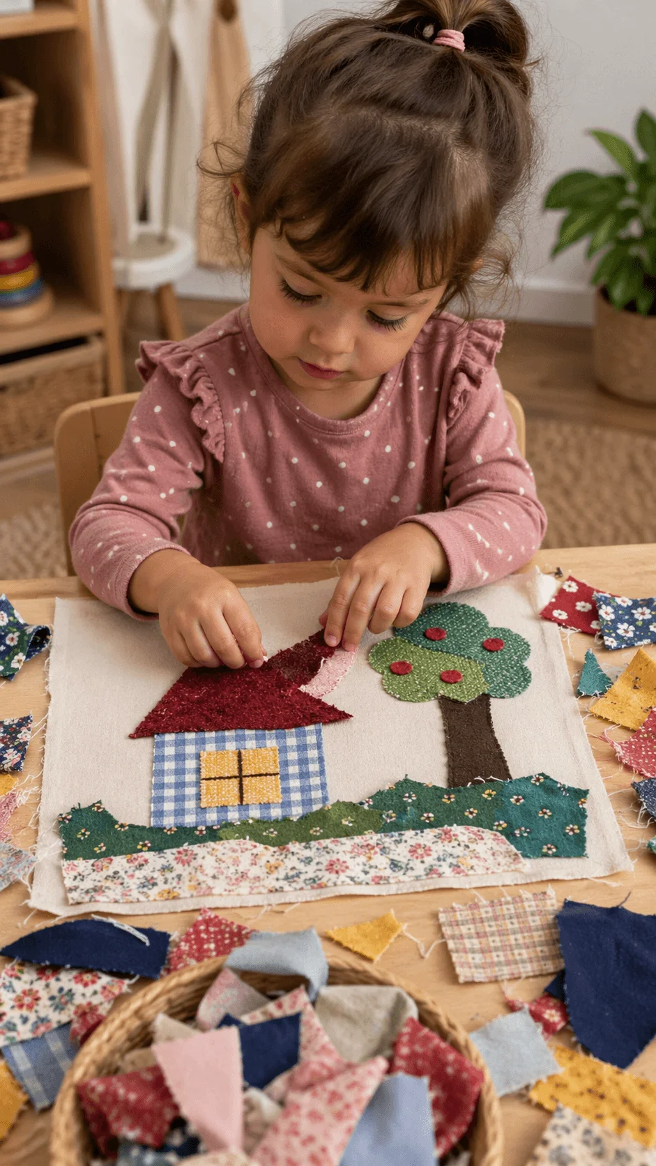 Toddler creating a fabric collage using colorful scrap pieces to form a house and tree on a cloth background