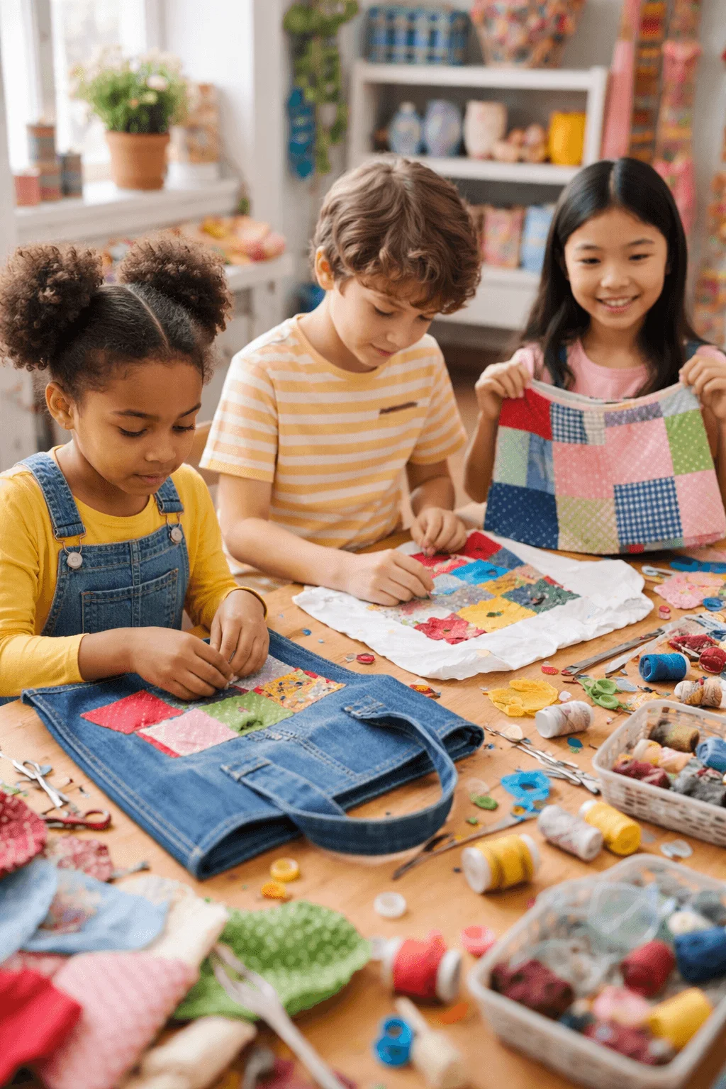 Three children sit at a table sewing colorful fabric scraps onto clothing and a bag while surrounded by craft supplies and thread in a creative workspace