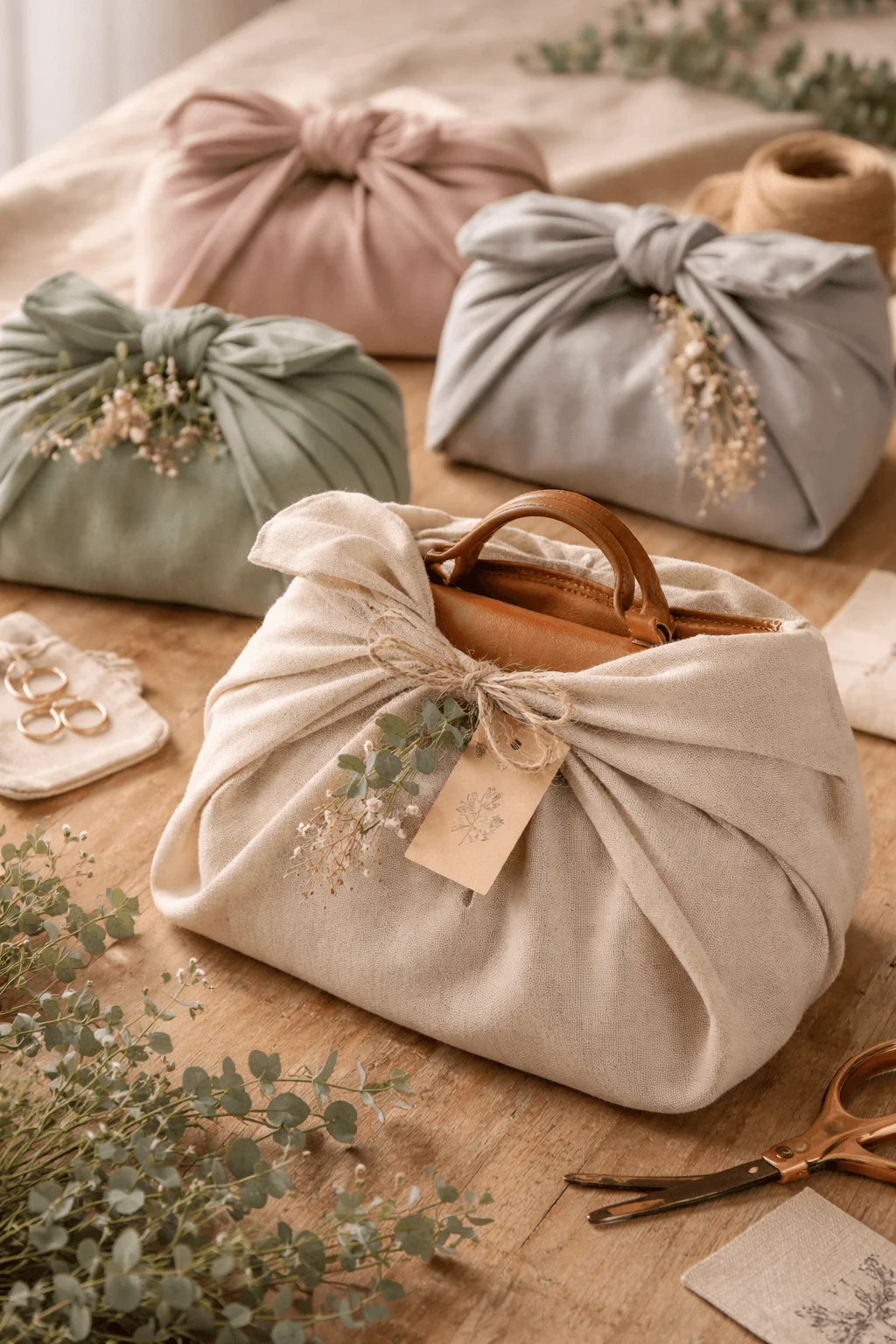 Fabric wrap gift packaging inspired by traditional techniques with soft cloth bundles tied around items on a wooden table with natural decor