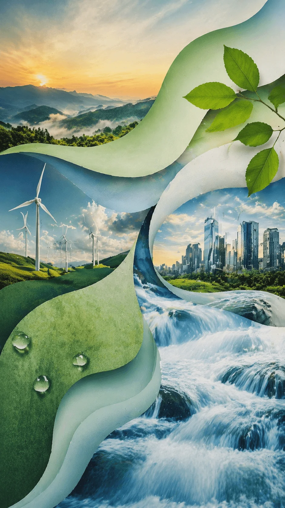 Sustainability themed composition with flowing layered shapes blending landscapes of mountains wind turbines modern city and cascading water with green leaves and soft gradients