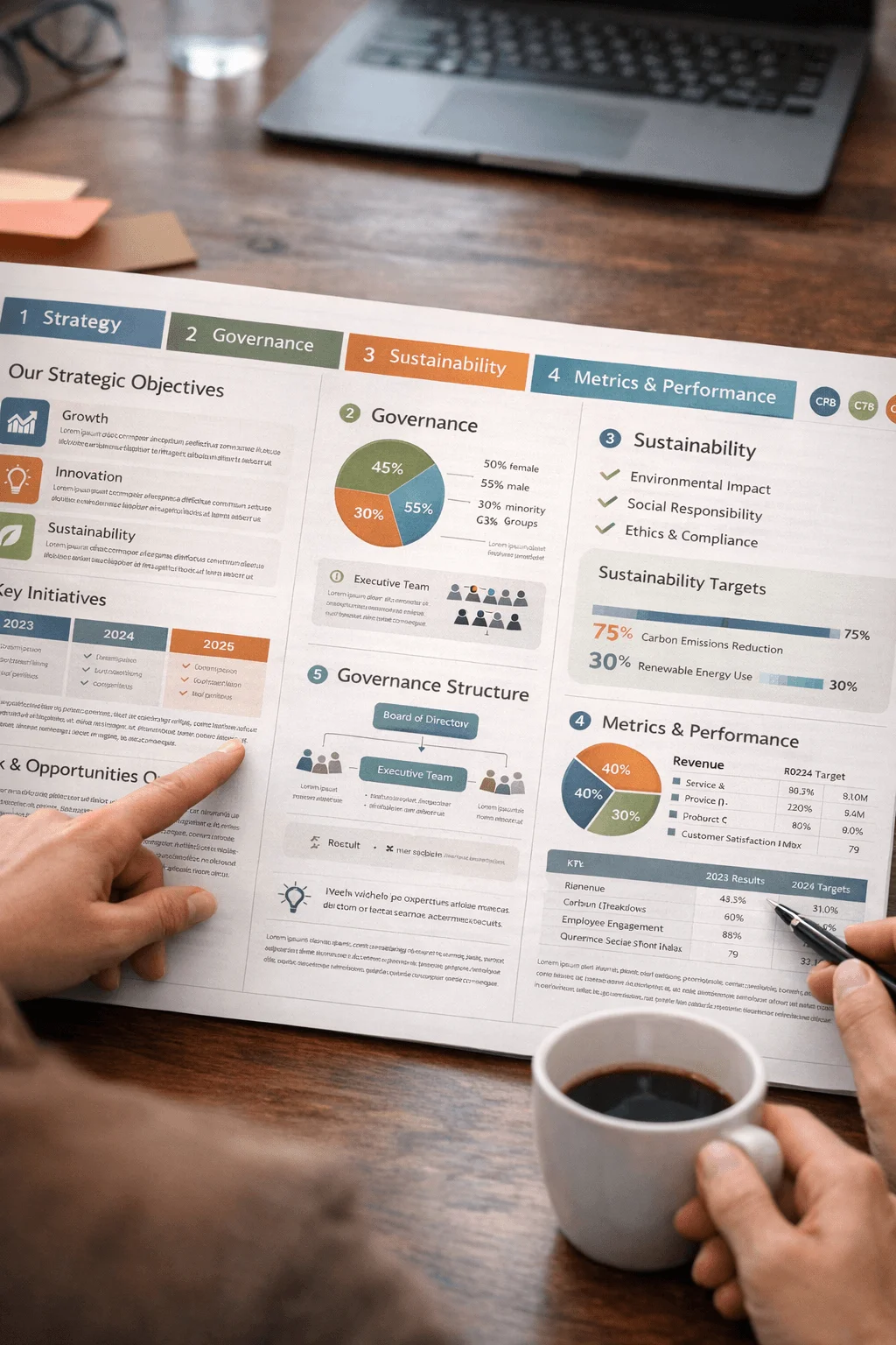 Printed sustainability framework report showing strategy governance sustainability and metrics sections with charts and data being reviewed by a person at a desk with coffee and laptop