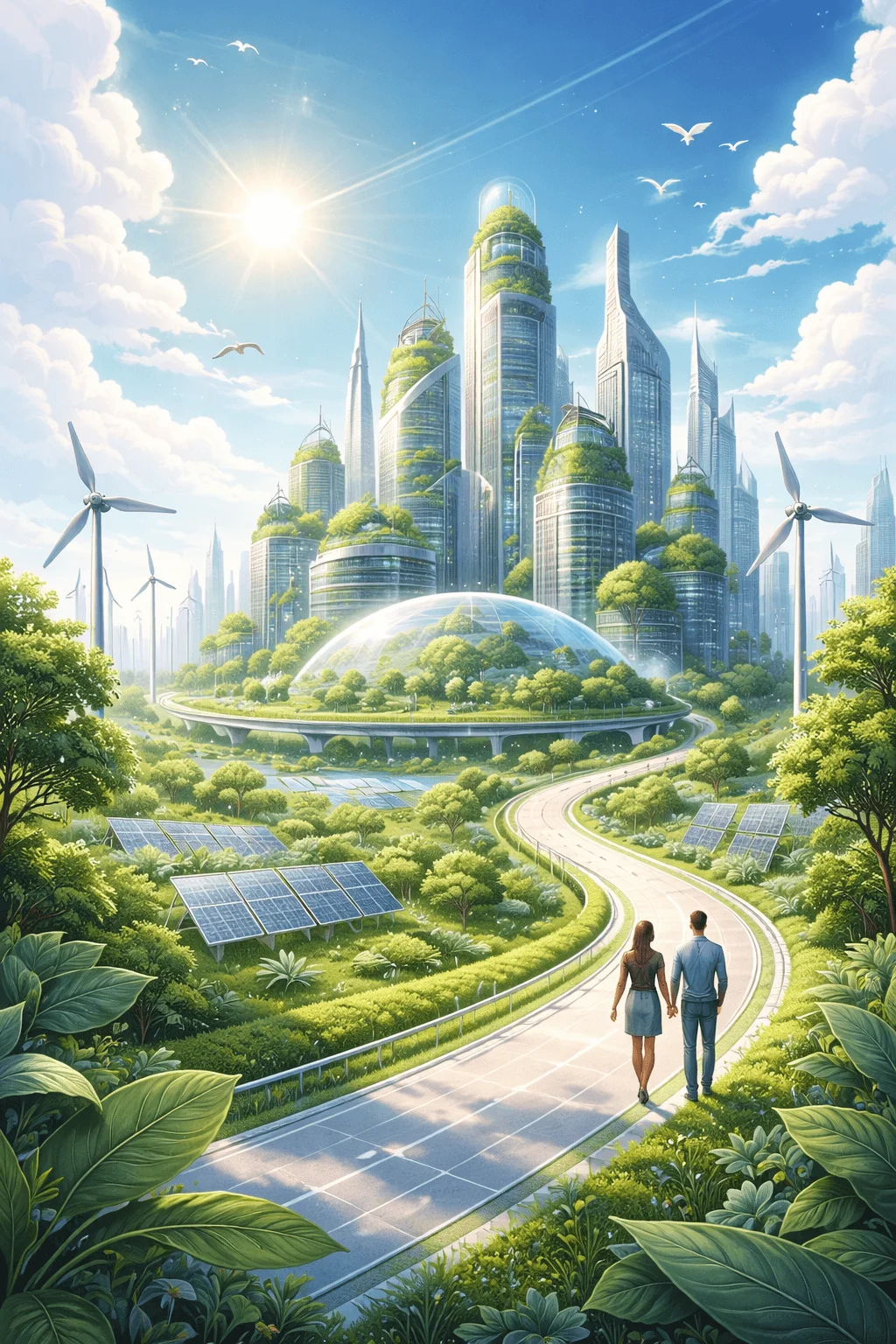 Futuristic sustainable city with green skyscrapers, wind turbines, solar panels, and lush vegetation surrounding a curved pathway where a couple walks toward a bright, eco-friendly urban skyline.