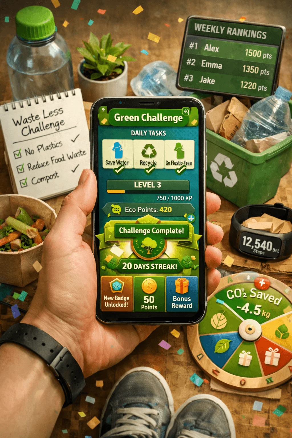 Gamified sustainability app interface showing green challenge tasks recycling and eco goals with points leaderboard rewards and progress tracking surrounded by reusable items and eco friendly lifestyle elements