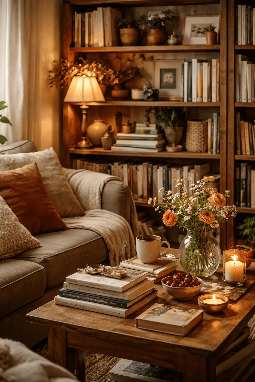 Layered interior scene with mixed perspectives showing cozy decor books plants sunlight patterns architectural elements and personal objects creating a warm expressive and lived in atmosphere