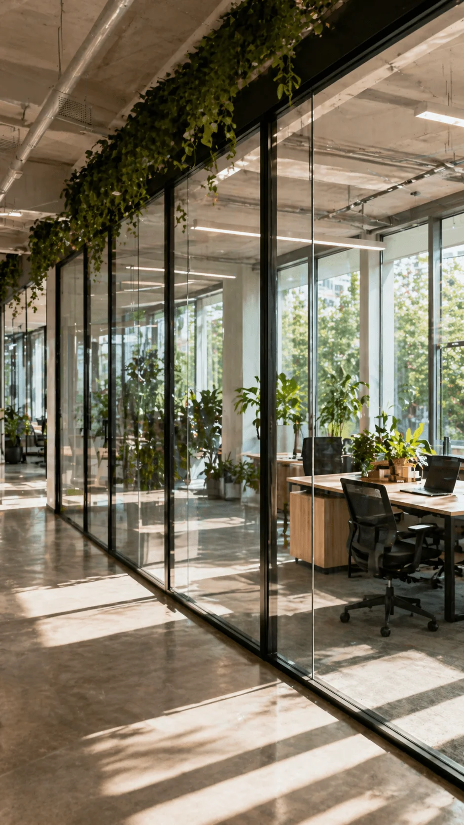 Modern office interior with glass partition walls natural sunlight indoor plants and open workspace design promoting transparency and eco friendly environment