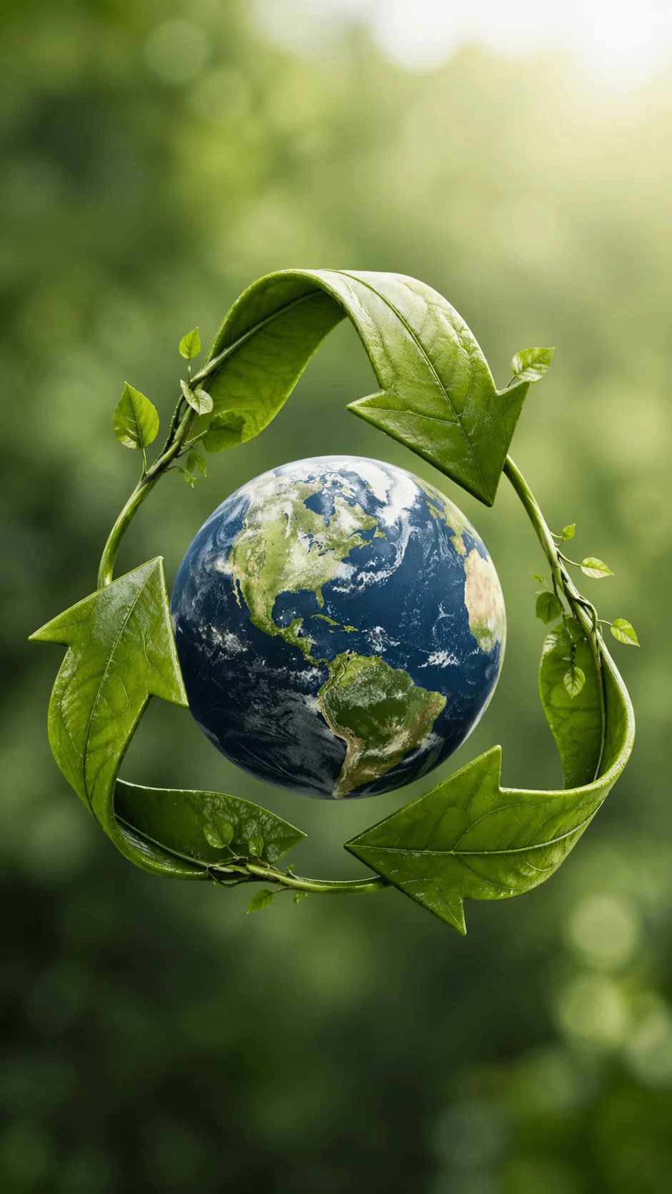 Earth globe surrounded by green leaf shaped arrows forming a recycling symbol representing sustainability environmental protection and circular economy