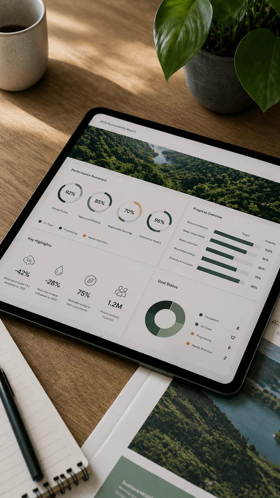 Tablet displaying sustainability performance dashboard with scorecards progress bars and metrics placed on a desk with notebook pen coffee and plant in a clean natural workspace