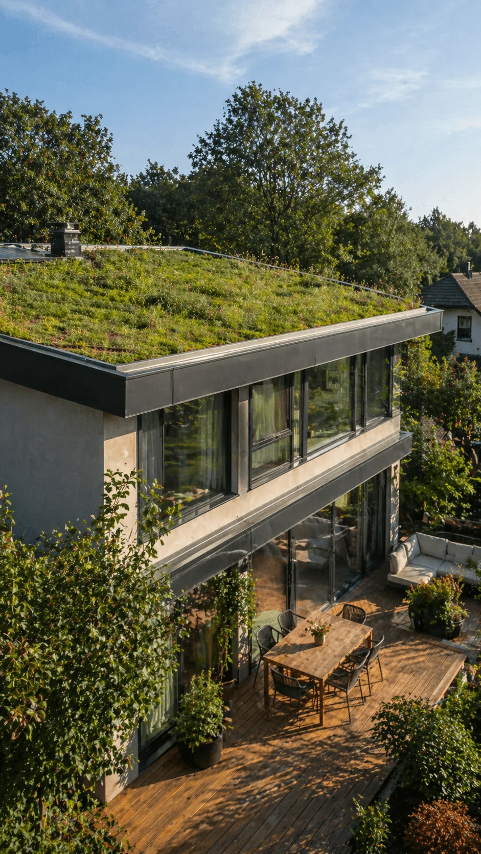 Modern home with green roof covered in vegetation large windows and outdoor wooden deck surrounded by garden greenery