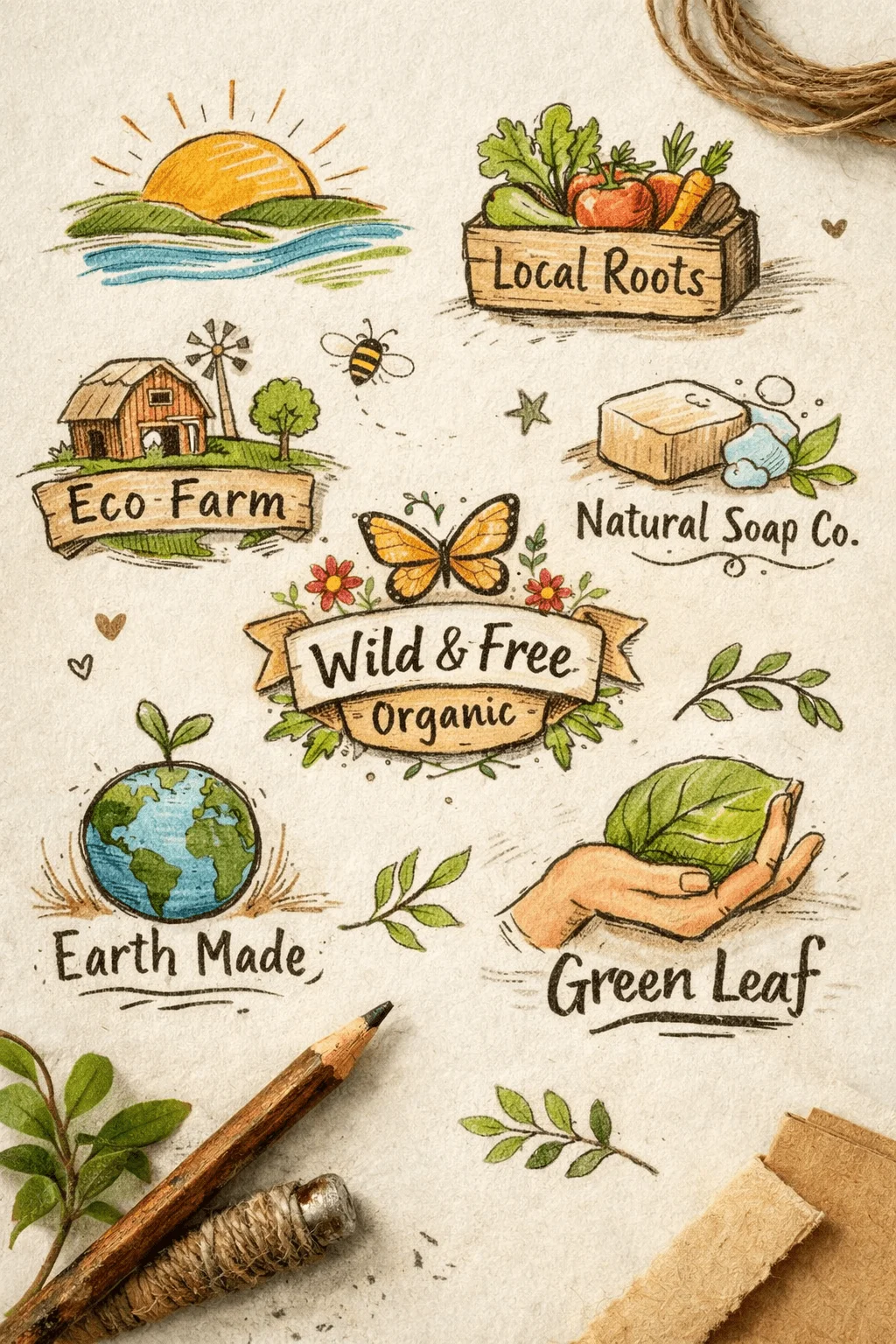 Hand drawn eco themed logo illustrations including farm sunrise vegetables soap butterfly globe and leaf with text labels like eco farm wild and free organic earth made and green leaf arranged on textured paper with pencil and natural elements