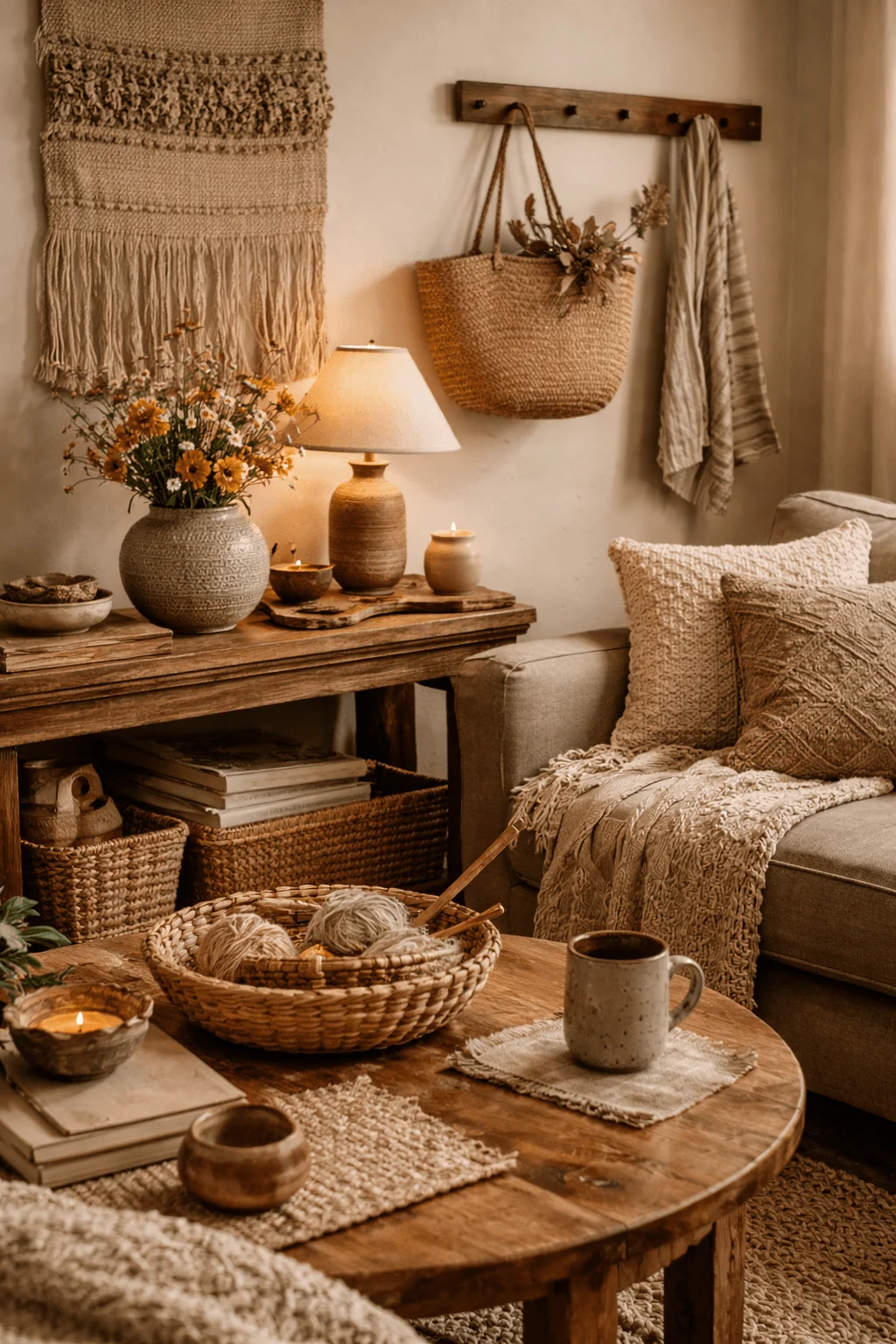 Cozy handcrafted living space with wooden furniture woven decor textured fabrics handmade pottery warm lighting and natural materials creating a personal artisanal atmosphere