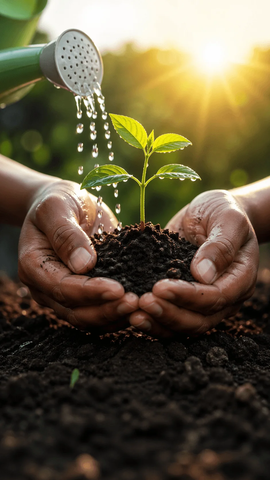 Hands holding soil with a small green plant being watered from a watering can in warm sunlight symbolizing growth care and sustainability