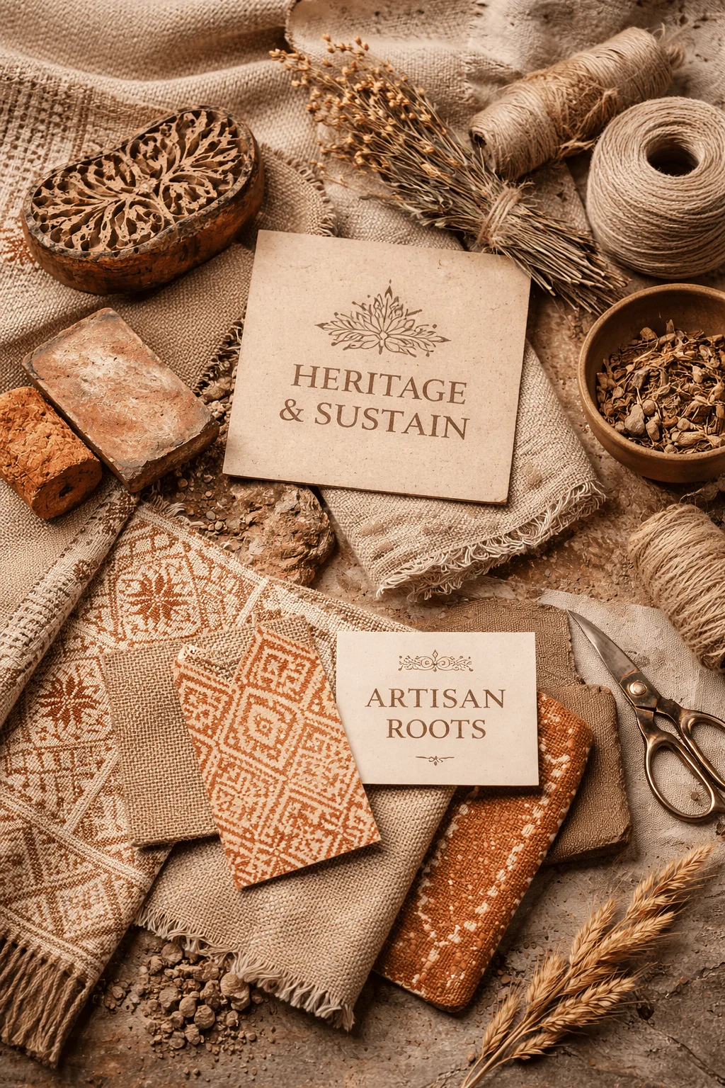 Flat lay of natural materials including woven textiles clay bricks dried plants twine and carved wood with cards reading Heritage and Sustain and Artisan Roots arranged on a rustic fabric surface