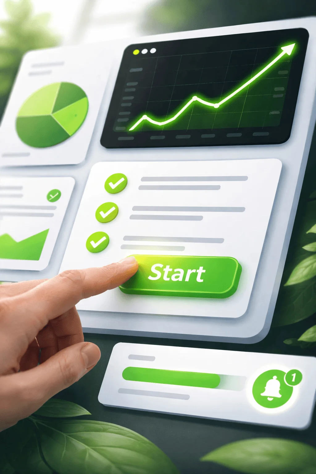Hand pressing start button on green themed dashboard interface with charts checklist and rising graph highlighting growth progress and sustainability focused digital design