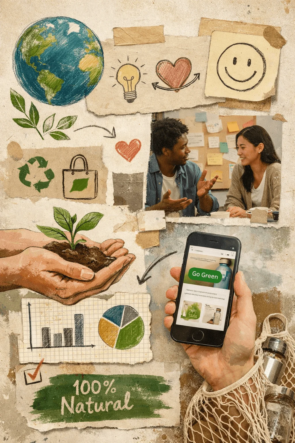 Collage of sustainable lifestyle illustrations and photos showing globe recycling symbols plant in hands people discussing ideas charts and smartphone with go green message representing human centered eco design