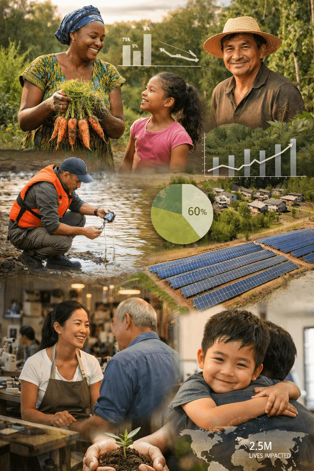 collage of sustainability impact showing farmers harvesting vegetables community projects water testing solar panels business interaction and child embracing parent with data charts and global impact statistics