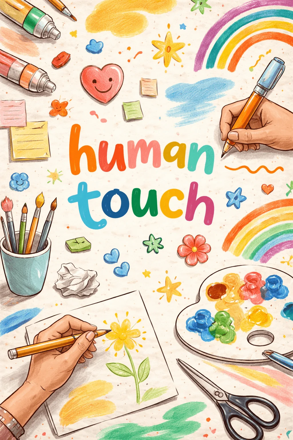 Colorful hand drawn illustration with the words human touch surrounded by art supplies doodles paint palette brushes scissors sticky notes hearts stars rainbows and hands sketching a flower