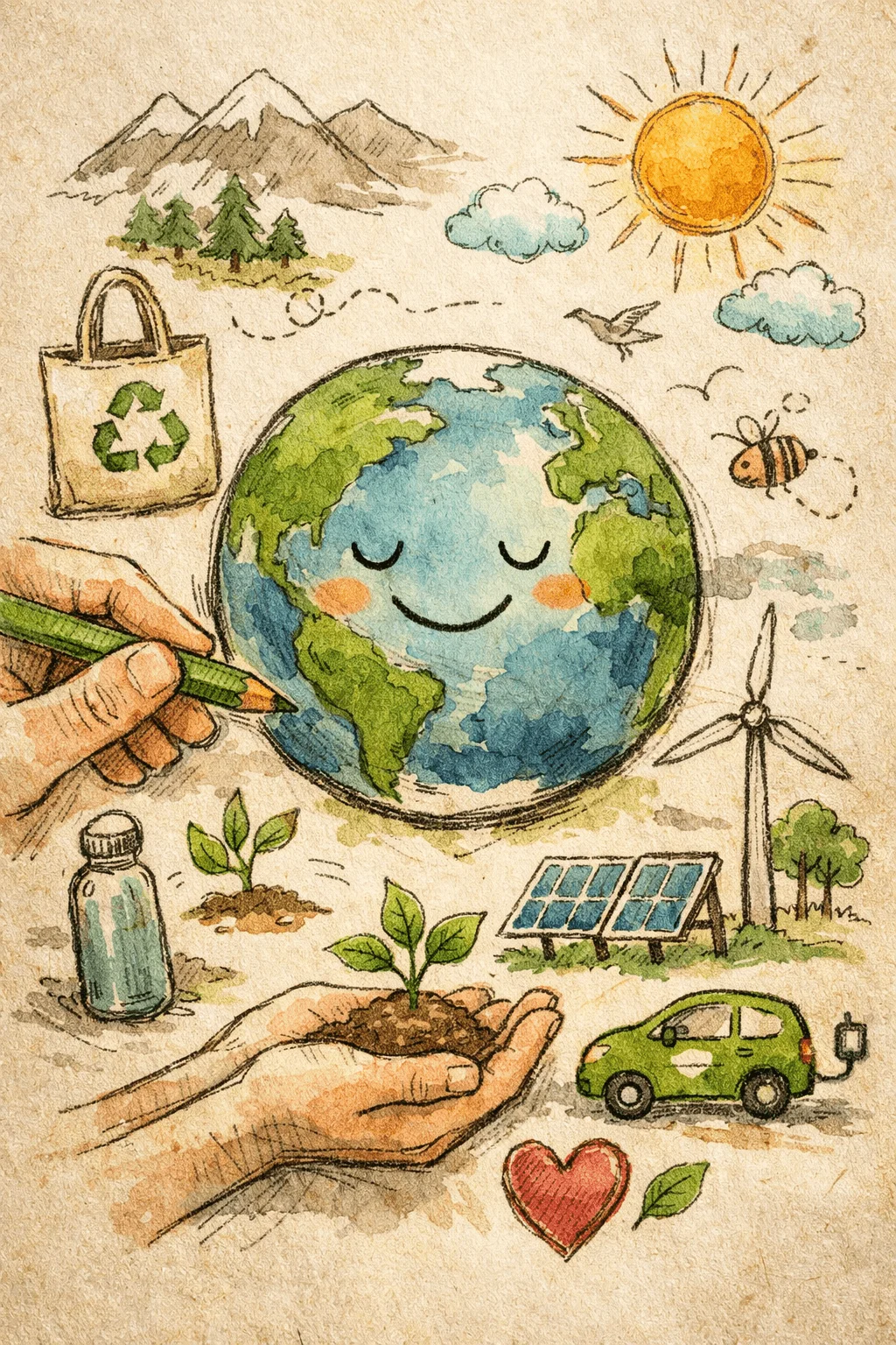 Hand drawn eco themed illustration of a smiling Earth being sketched with a pencil surrounded by mountains sun clouds birds a bee a recycling bag wind turbine solar panels a green electric car and hands holding small plants symbolizing sustainability and care for the environment