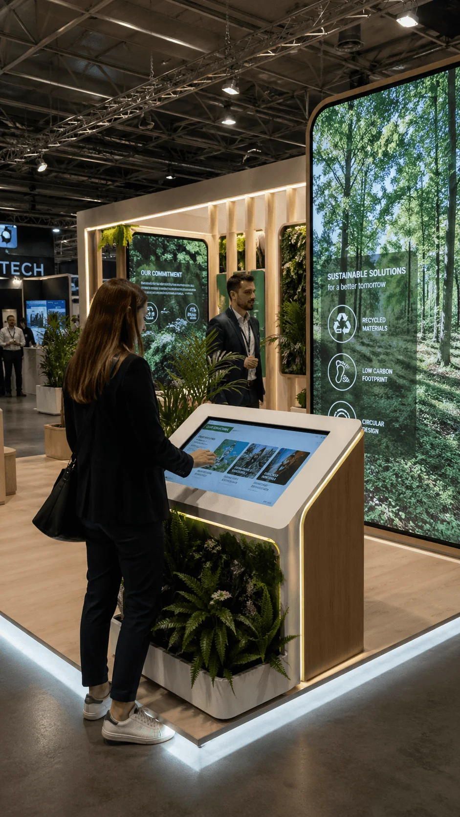 Interactive sustainable exhibition booth with touchscreen display digital panels greenery and eco friendly messaging about recycled materials and low carbon design