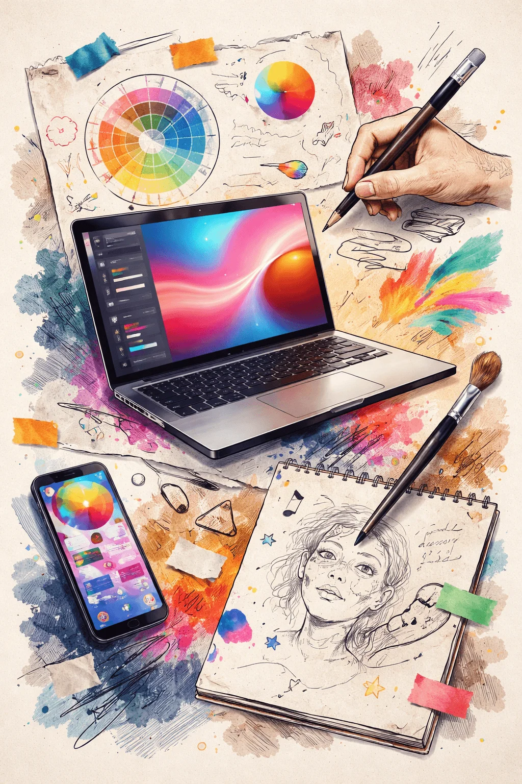 Creative workspace scene combining digital and hand drawn design elements with a laptop displaying colorful graphics a smartphone with design app a hand sketching in a notebook color palettes paint brushes and vibrant artistic textures blending traditional and digital creativity