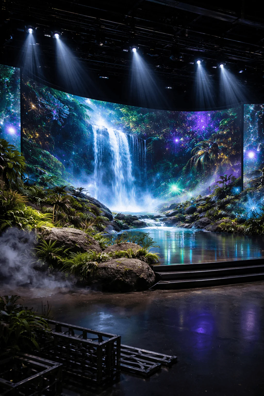 Curved immersive stage displaying a vibrant digital waterfall and lush fantasy landscape blending physical set elements with high resolution LED visuals under theatrical lighting