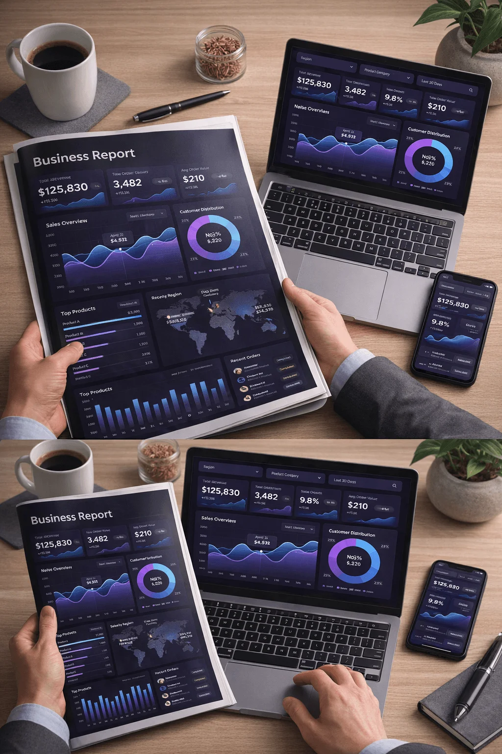 person holding a printed business report with dark themed analytics dashboard while the same dashboard is displayed on a laptop and smartphone on a wooden desk with coffee and stationery showing a seamless hybrid print and digital experience