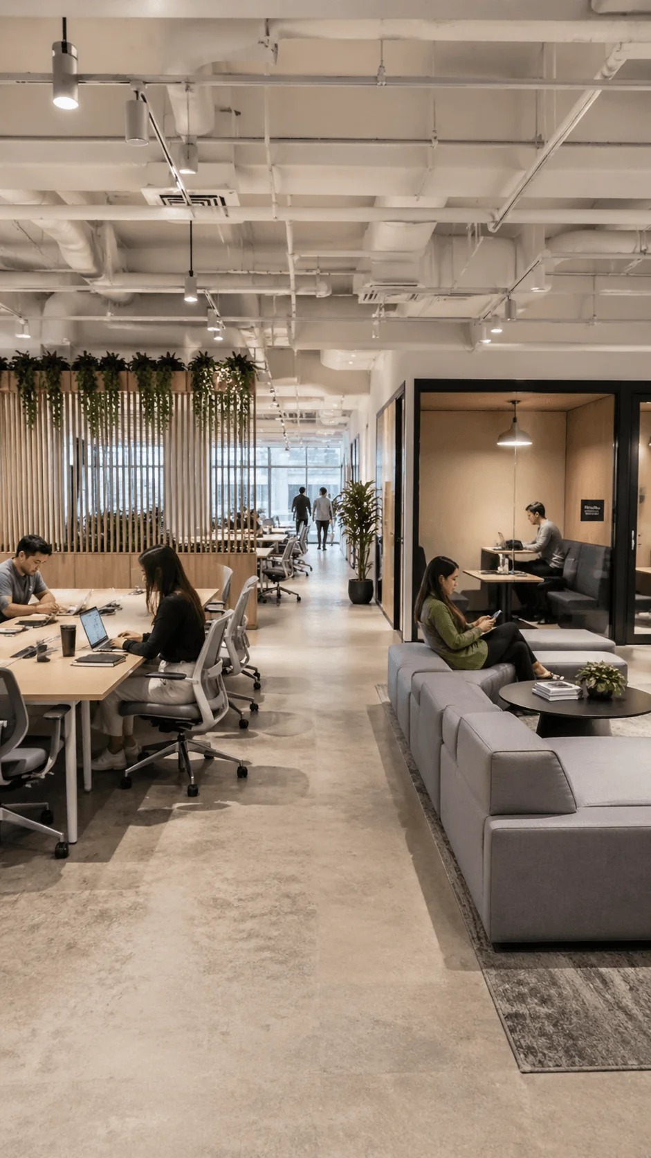 Modern hybrid office workspace with open desks private booths lounge seating and natural elements supporting flexible collaborative work