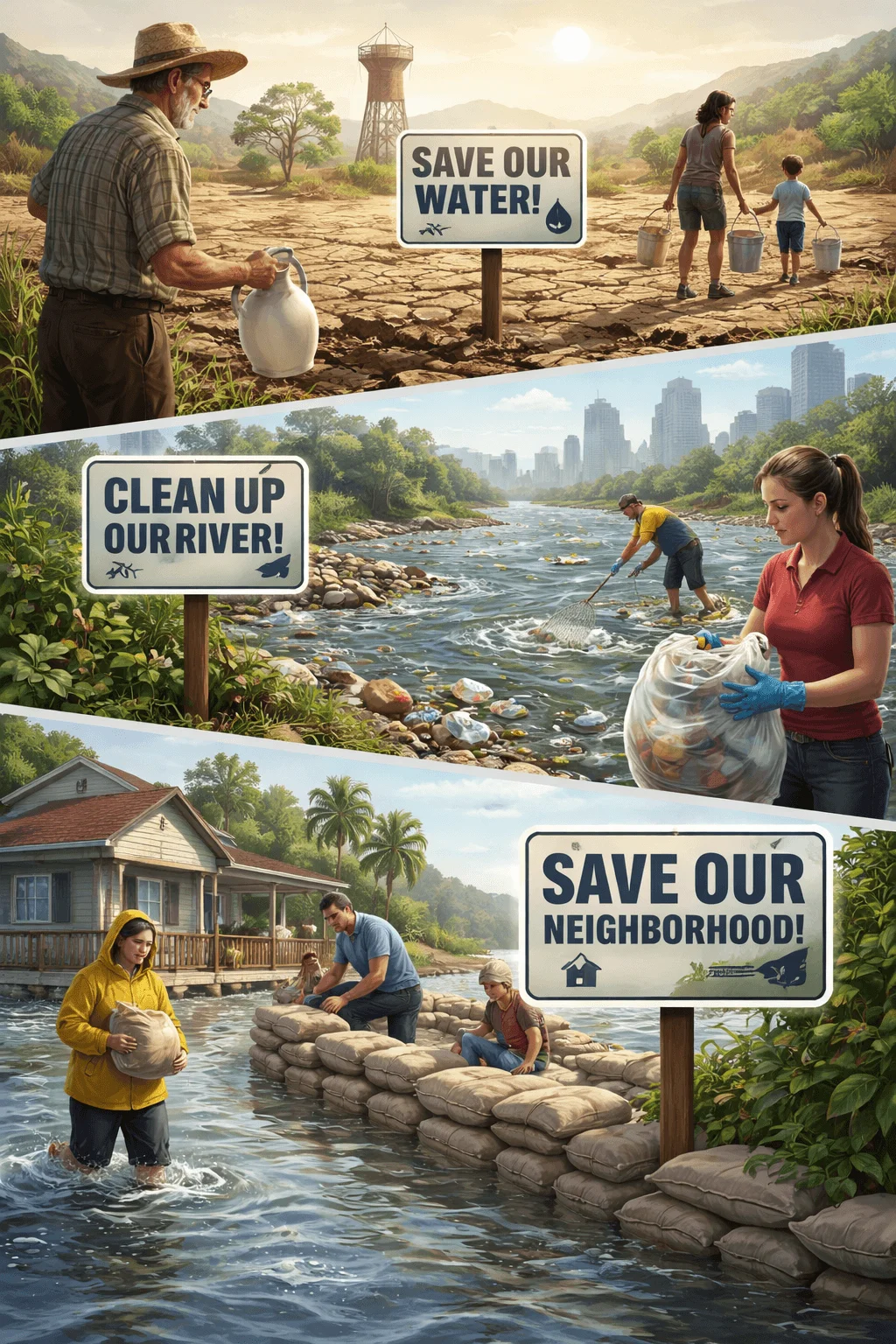 Series of community environmental scenes showing water conservation river cleanup and neighborhood flood protection with people carrying water collecting trash and building sandbag barriers alongside awareness signs