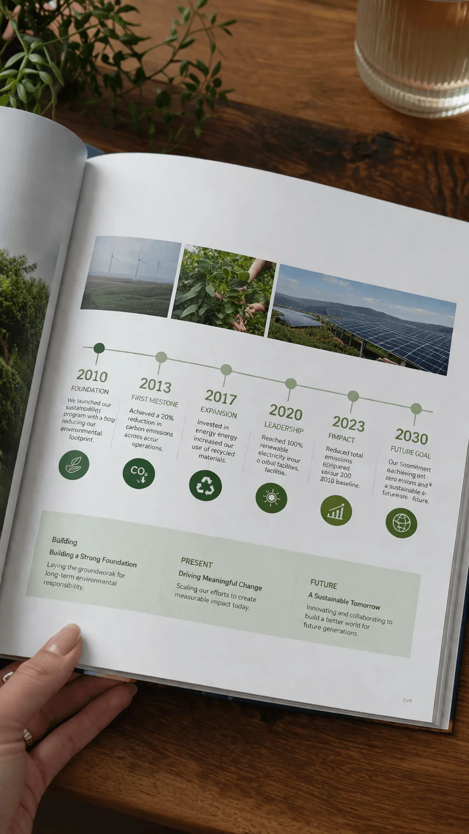 Printed sustainability report page showing timeline of milestones with images icons and progress from foundation to future goals on a clean layout
