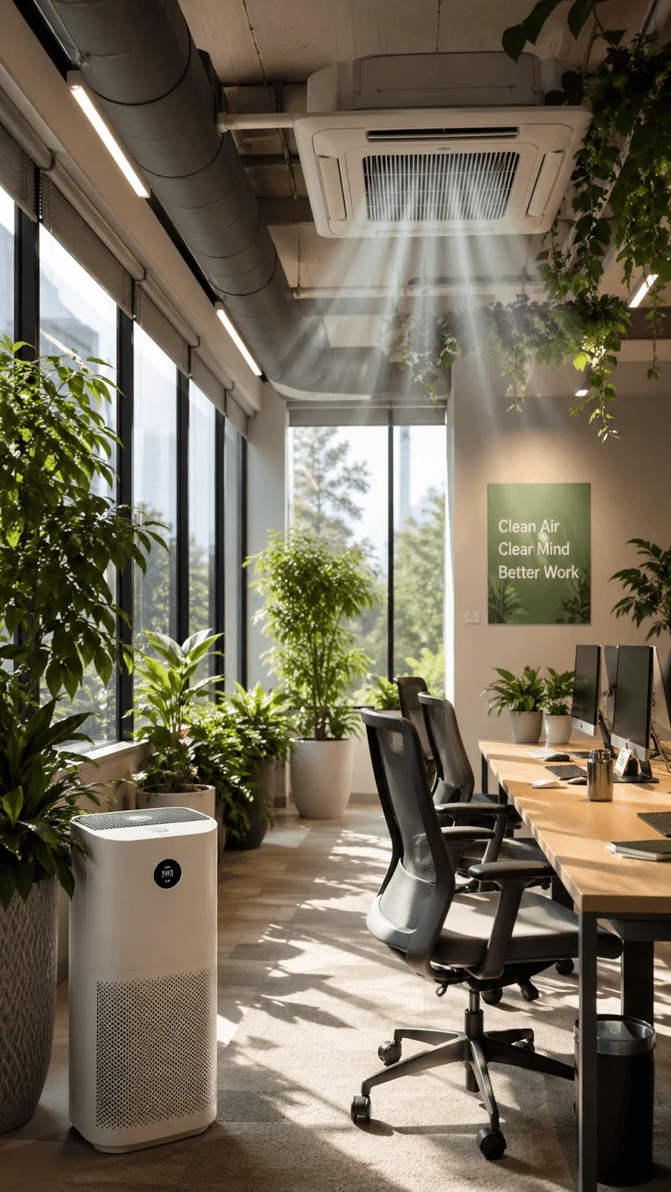 Office interior focused on indoor air quality with air purifier ventilation system natural light and lush plants creating a healthy workspace