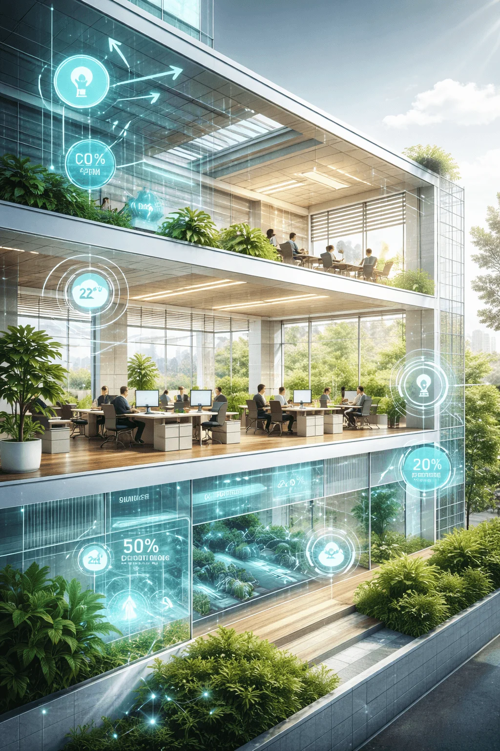 indoor environmental quality illustration showing modern office building with natural light greenery air quality monitoring thermal comfort and smart systems enhancing healthy workspace