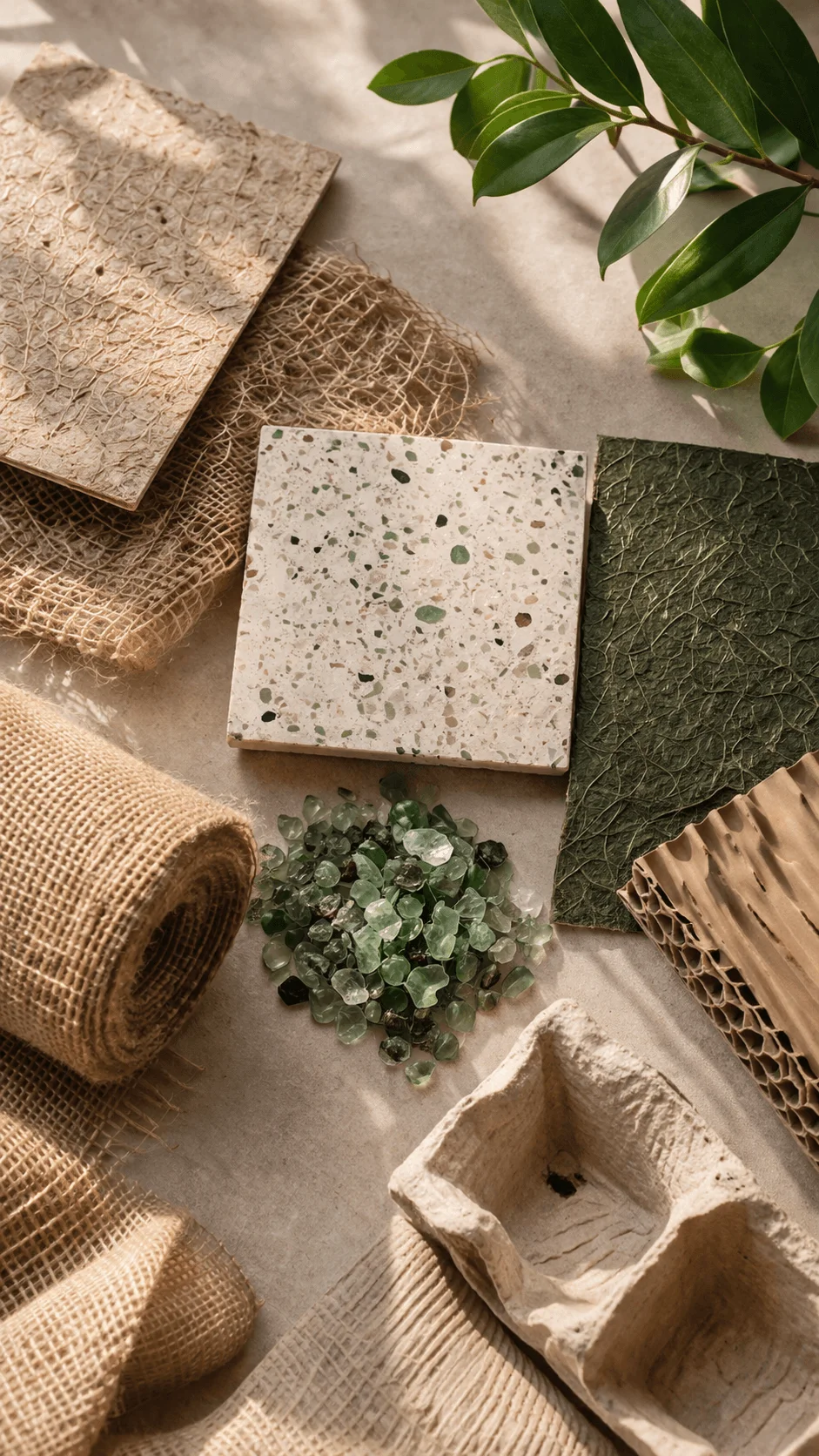 Assorted eco friendly materials including recycled paper textured boards natural fibers glass fragments and plant elements arranged on a neutral surface