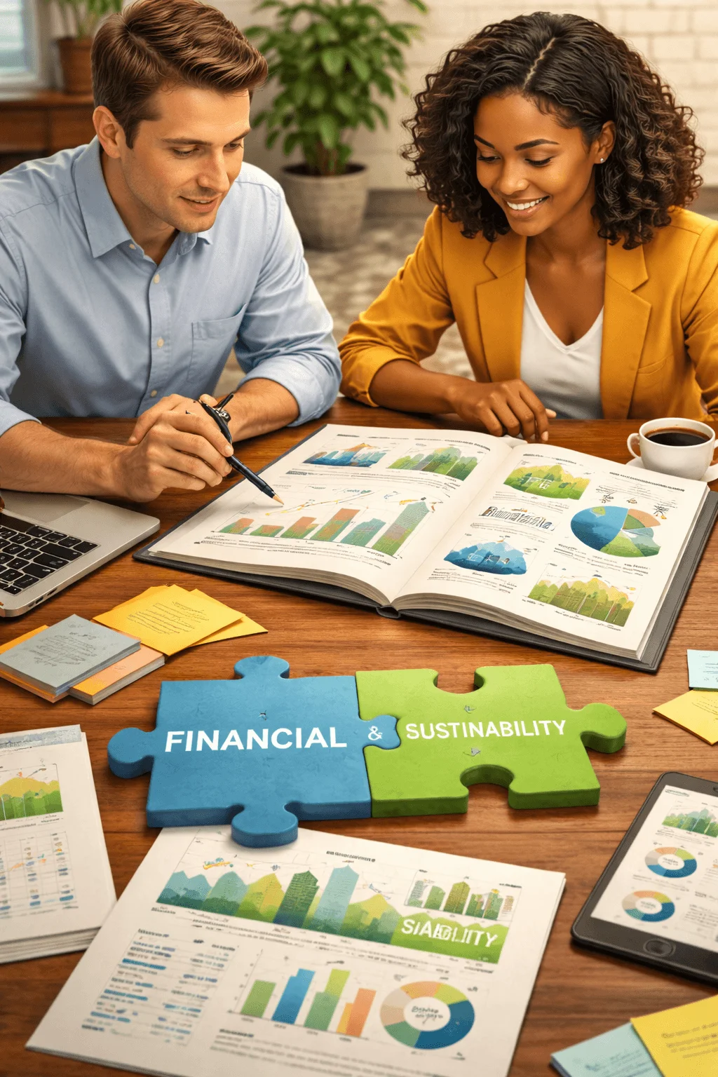 Two professionals reviewing a financial and sustainability report with charts and graphs at a desk with puzzle pieces labeled financial and sustainability symbolizing integration of financial performance and ESG reporting