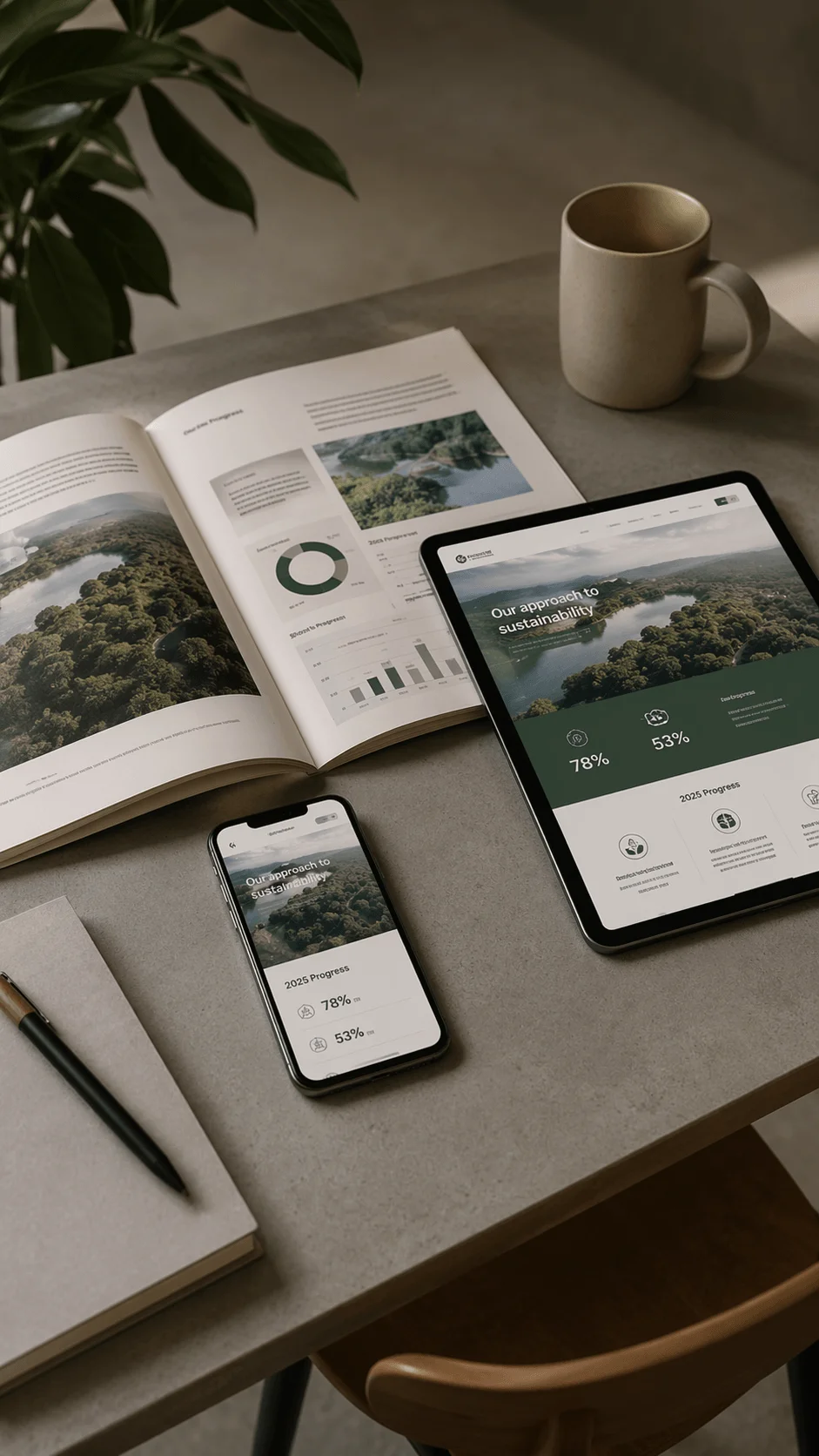 Workspace showing integrated print and digital sustainability report with open magazine tablet and smartphone displaying consistent eco data visuals alongside a notebook pen and coffee mug