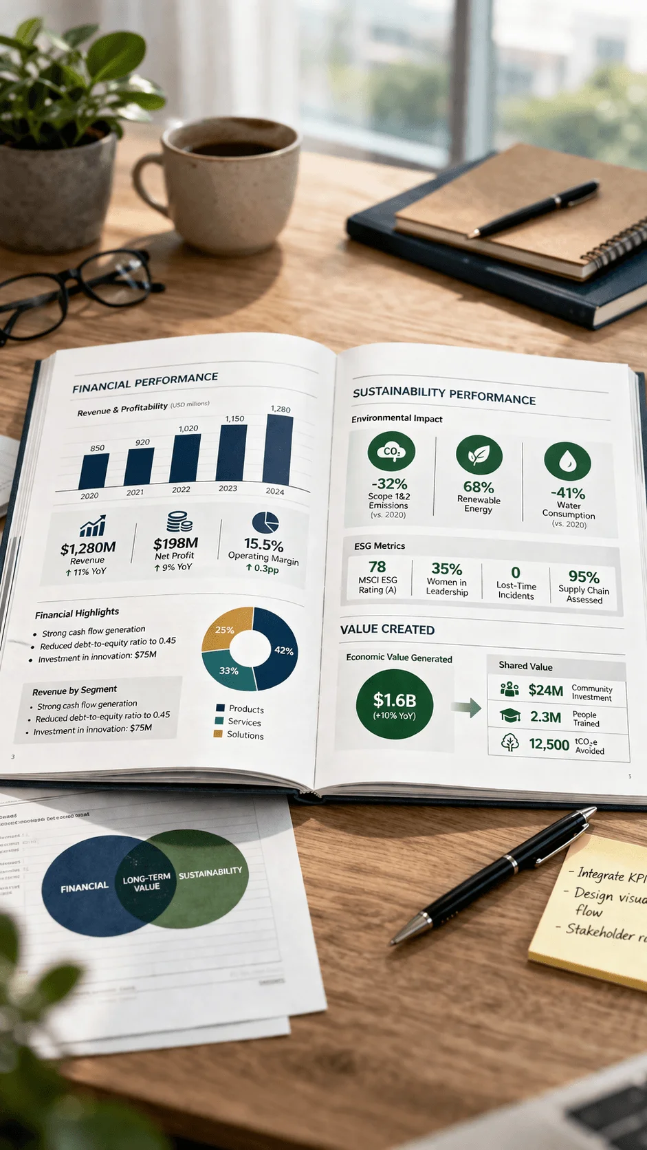 Open report on a desk showing integrated financial performance and sustainability performance with revenue charts ESG metrics environmental impact indicators and value creation alongside workspace items like a coffee cup plant notebook and pen